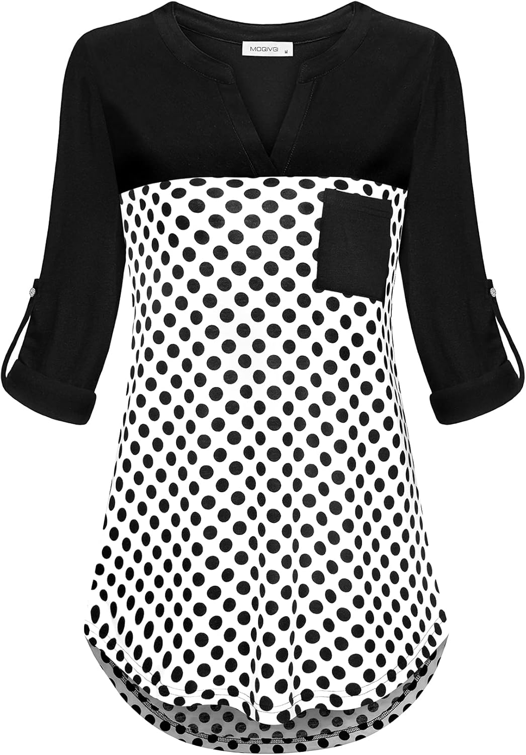 MOQIVGI Womens Roll Up Long Sleeve V Neck Patchwork Blouse Shirt Tops