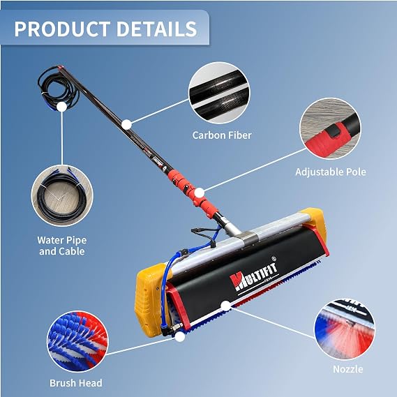 Cordless Solar Panel Cleaning Brush 24ft Telescopic Pole, 420 RPM Reversible Brush Head with High-Capacity Battery, No-Ladder Roof Cleaner for Tall & Hard-to-Reach PV Systems