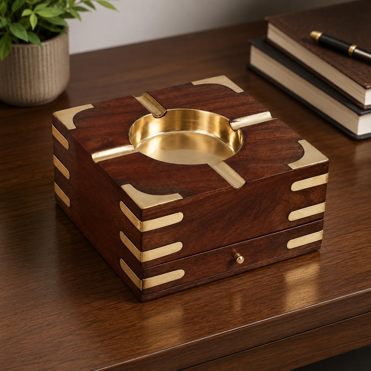 Wooden Cigar Ashtray with Brass Inlay and Storage Drawer | Multi-Purpose Use, Built-in Drawer, Desk Organiser, 4 Cigar Rests, Decorative Piece-picture-19