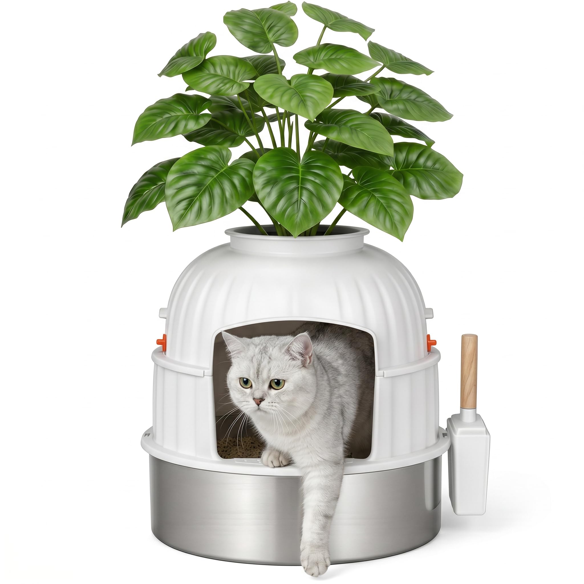 Caja de Arena XXL para Gatos de Acero Inoxidable, Arenero Oculto Tipo Maceta con Planta Decorativa y Pala, Filtro de Carbón Antiolor, Fácil de Limpiar, Blanco