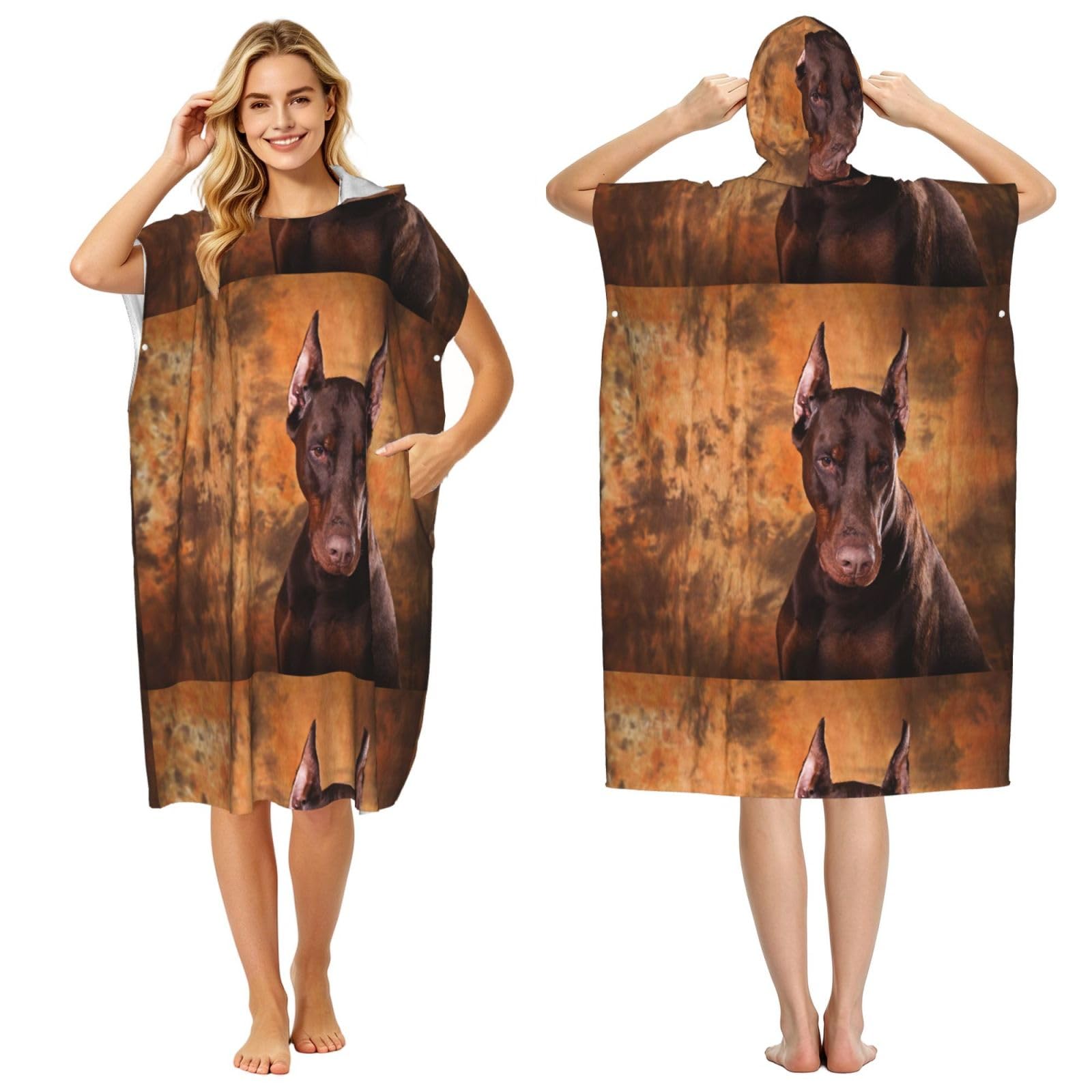 Poadnly Cool Doberman Pinscher Dog, Adult Hooded Beach Towel 90 x 110 cm,Changing Bath Robe, Surf Poncho Towel For Women Men