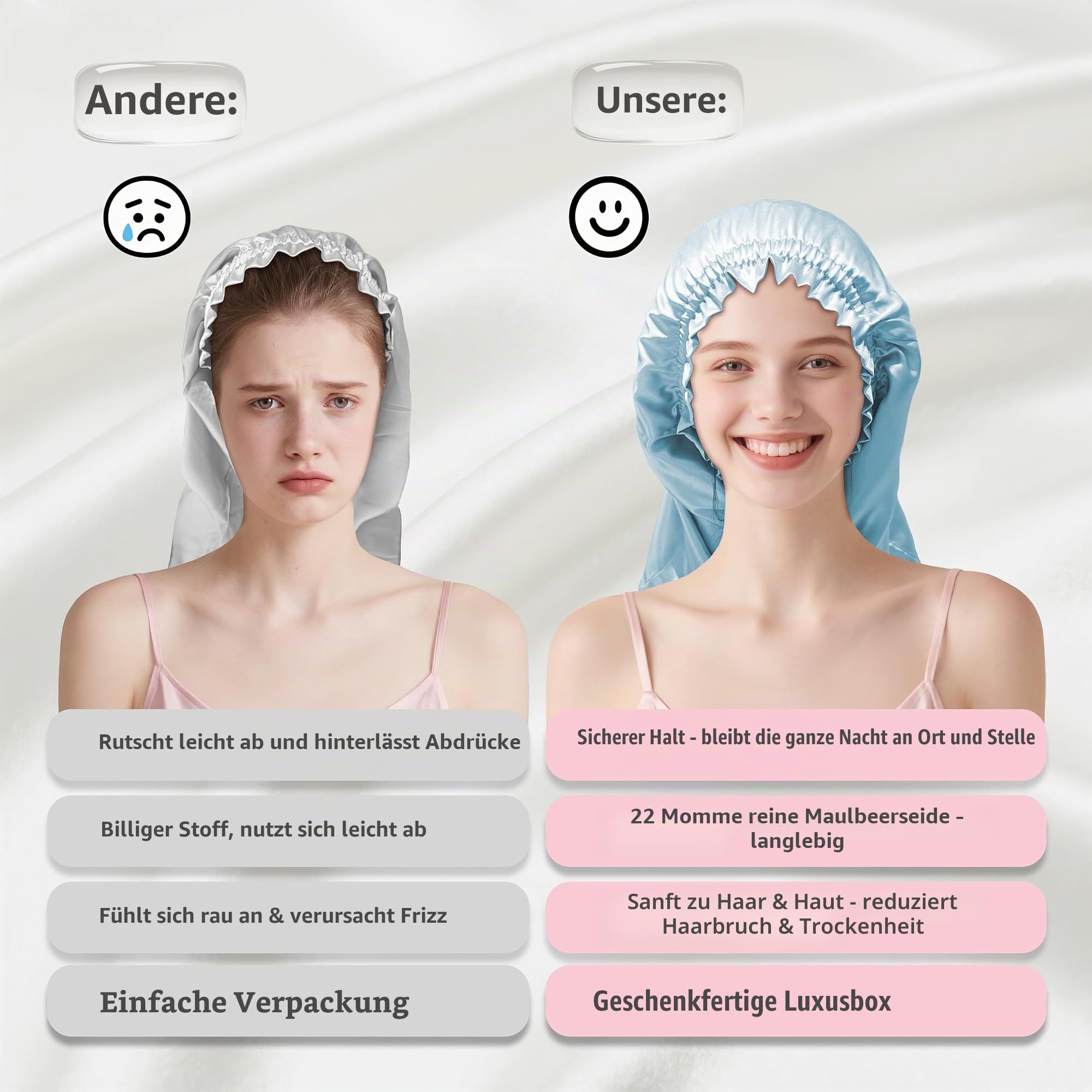 townssilk Seidenhaube zum Schlafen, 100% 22 Momme Maulbeerseide, für Damen, luxuriös, atmungsaktiv, sitzt sicher über Nacht & druckfrei, ideal für lange & lockige Haare – IceBlue 80cm