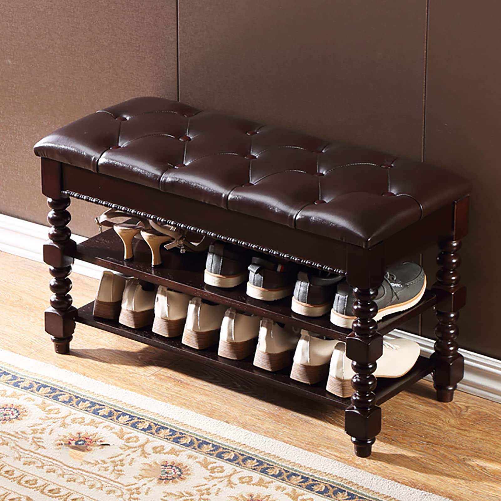 LWJSOCP Vintage Solid Wood Entryway Bench with Leather Upholstered Seat and Hidden Storage Premium Shoe Rack Bench for Entryway 35x14x19inch