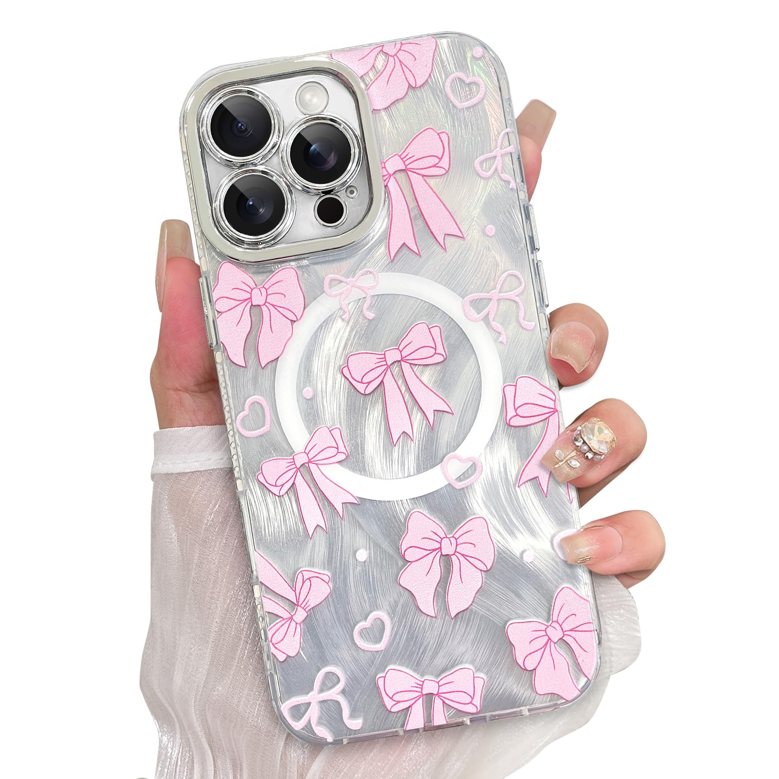 LSL for iPhone 14 Pro Max Case, [Compatible with MagSafe] Cute Pink Bow and Love-Heart Pattern Phone Case Pretty Aesthetic Soft Slim TPU Shockproof