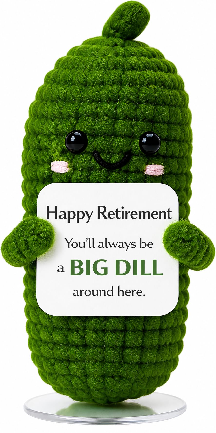 Emotional Support Pickle Crochet with Stand. Handmade Positive Pickle Gift for Women, Friends, Family, Co Workers. Birthday Gifts. Best Friends (Happy Retirement)