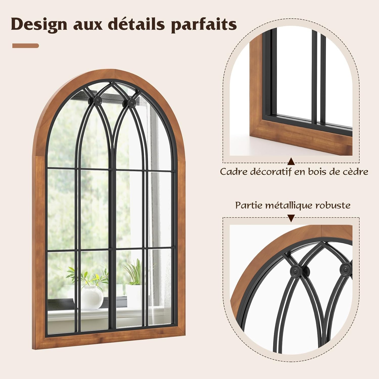 RELAX4LIFE Miroir Mural Arqué, Miroir Fenetre Arche avec Cadre Métallique, Verre Haute Définition, Style Shabby, Décoration Murale Rustique pour Chambre Entrée Salon