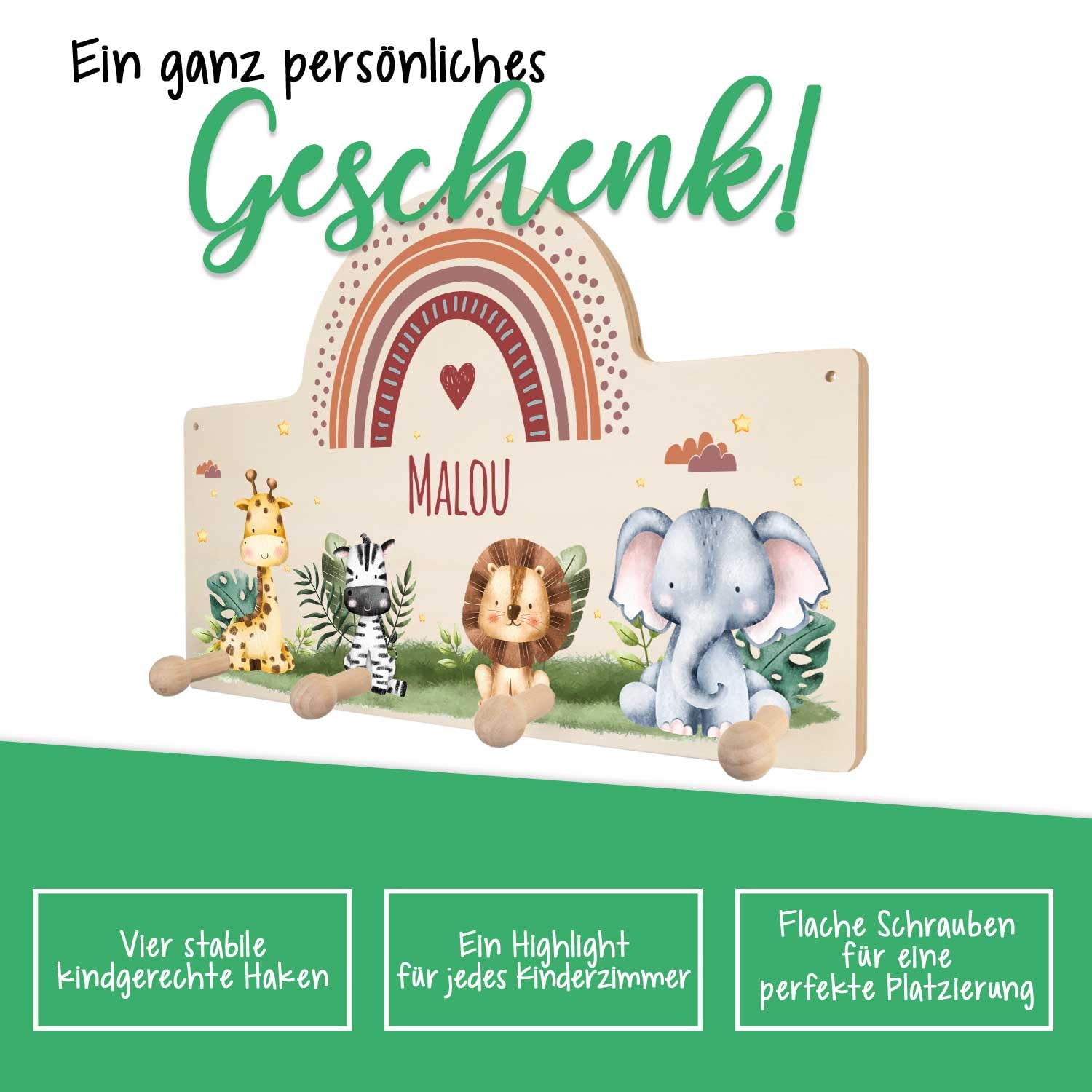 GRAVURZEILE Porte-manteau personnalisé pour enfant avec nom au choix pour chambre de bébé - Patère en bois avec de beaux motifs pour filles et garçons - Décoration de chambre d'enfant