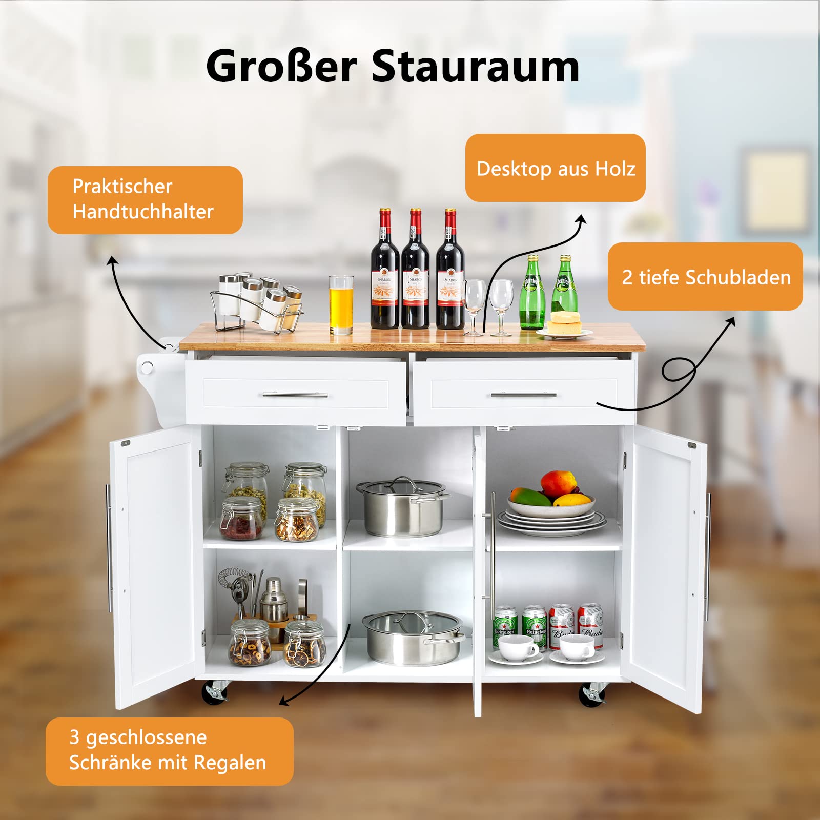 RELAX4LIFE Carrito de Cocina de 3 Puertas con 4 Ruedas, Carro de Servicio con 2 Cajones y 6 Estantes, Carrito Auxiliar con Toallero para Cocina y Baño, Madera Maciza, 122x40x93cm, Blanco