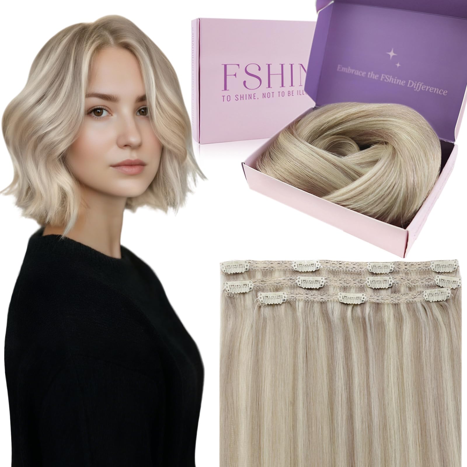 Fshine Clip Extensiones Humano 22 Pulgadas 55CM 120g Extensiones de Pelo Rubio Blanco Remy Hair Clip in Extensiones 7 Piezas Color 60 Extensiones de Cabello Natural Color 60 — view 38