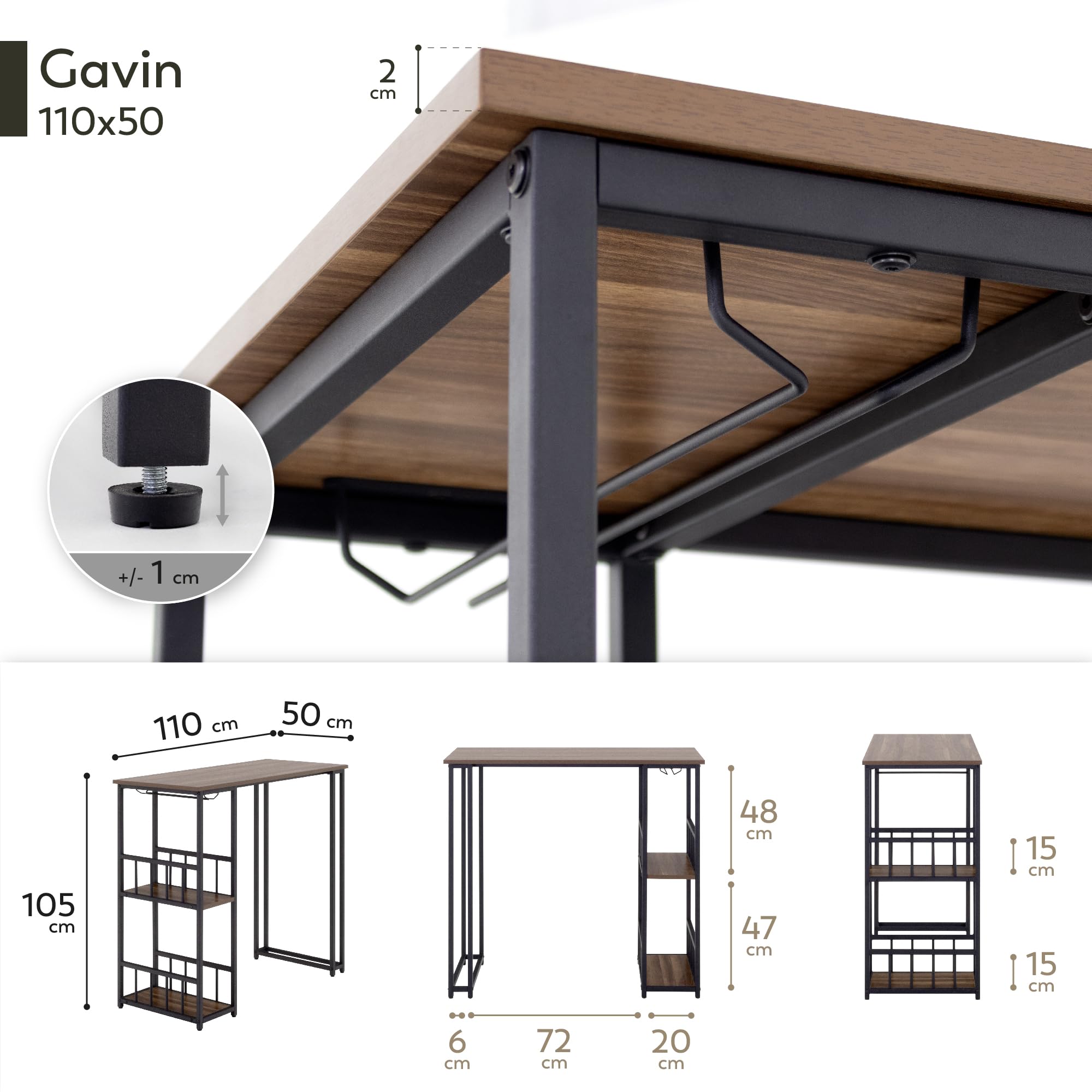 Gavin Mesa de Bar 110x50 cm | 105 cm de Altura | con 2 estantes y portavasos, Estructura de Acero, fácil de Montar, Estilo Industrial, Color Nogal