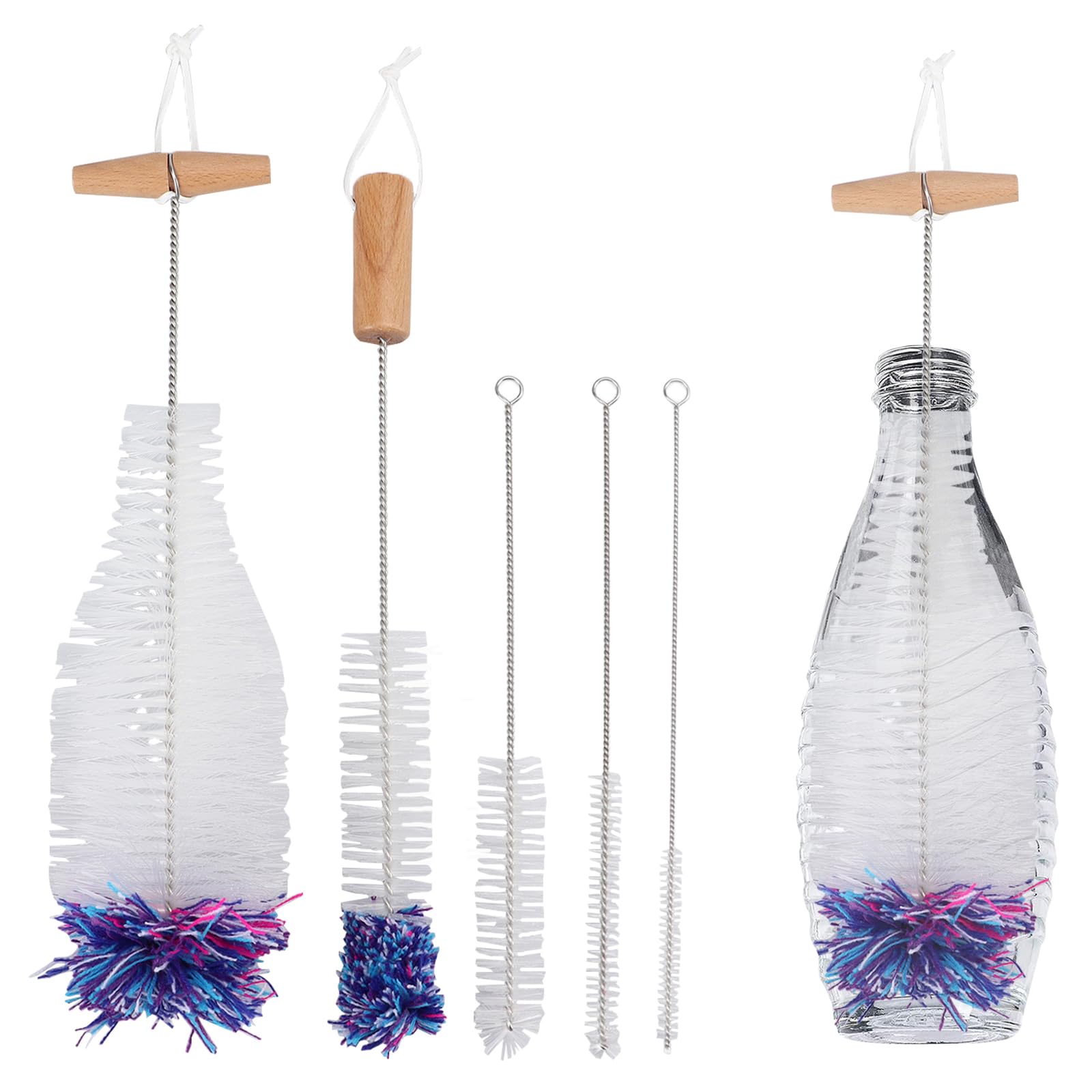 Goupillon Nettoyage Bouteille 35cm - Brosse Double Fonction Pour Bouteilles étroites (verre, Plastique), Manche Bois Ergonomique
