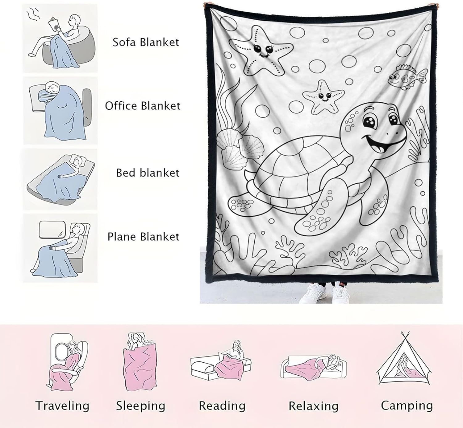 DIY Coloring Quilt, Sea Animal Blanket for Kids Adults Teens Washable Polyester Fabric Creative Blanket Funny for Couch Bed Room Travel Home Winter