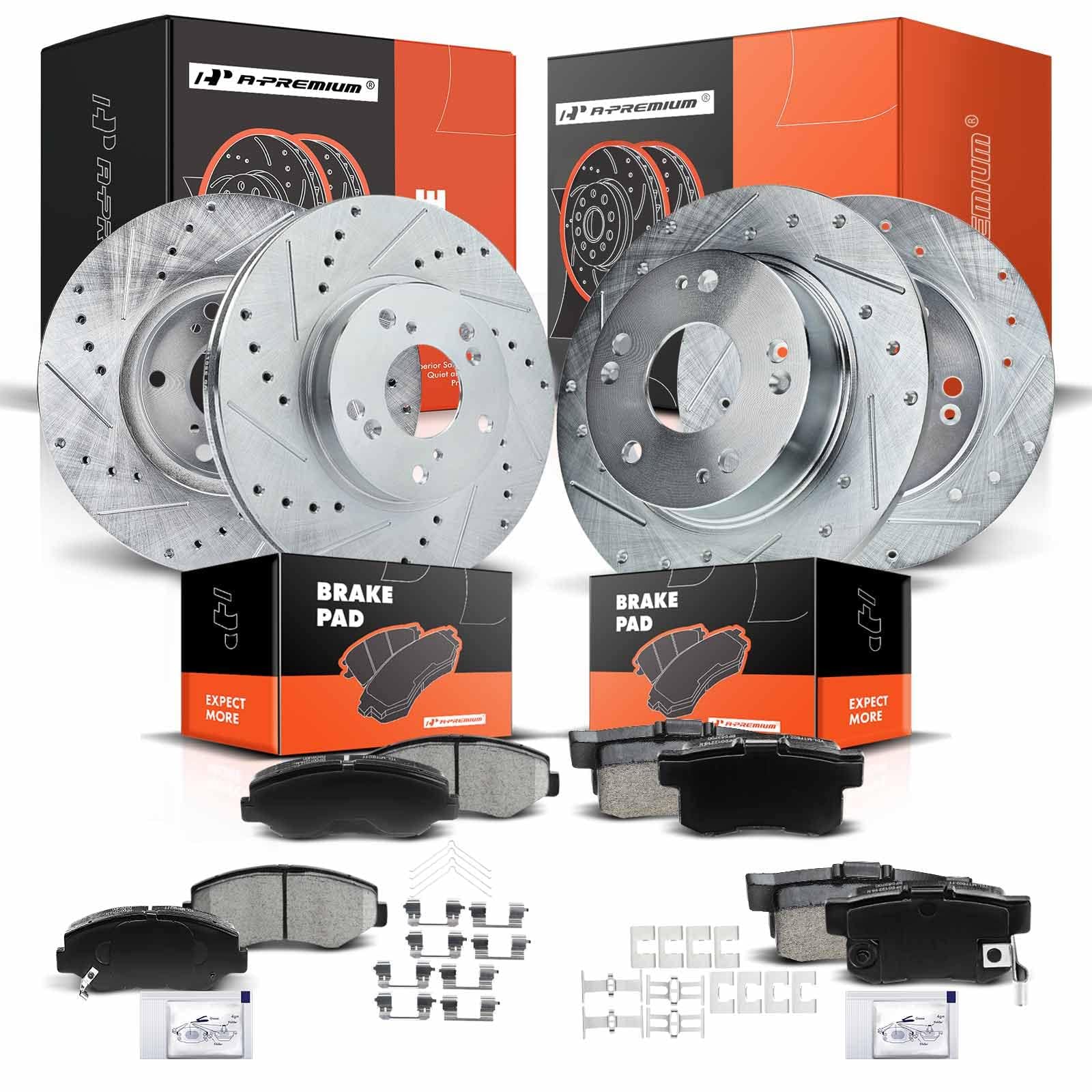 A-Premium Front and Rear Drilled and Slotted Disc Brake Rotors + Ceramic Pads Kit Compatible with Select Honda Models - Accord 2003 2004 2005 2006 2007, 2.4L, 4-Wheel Disc Brakes, 12-PC Set
