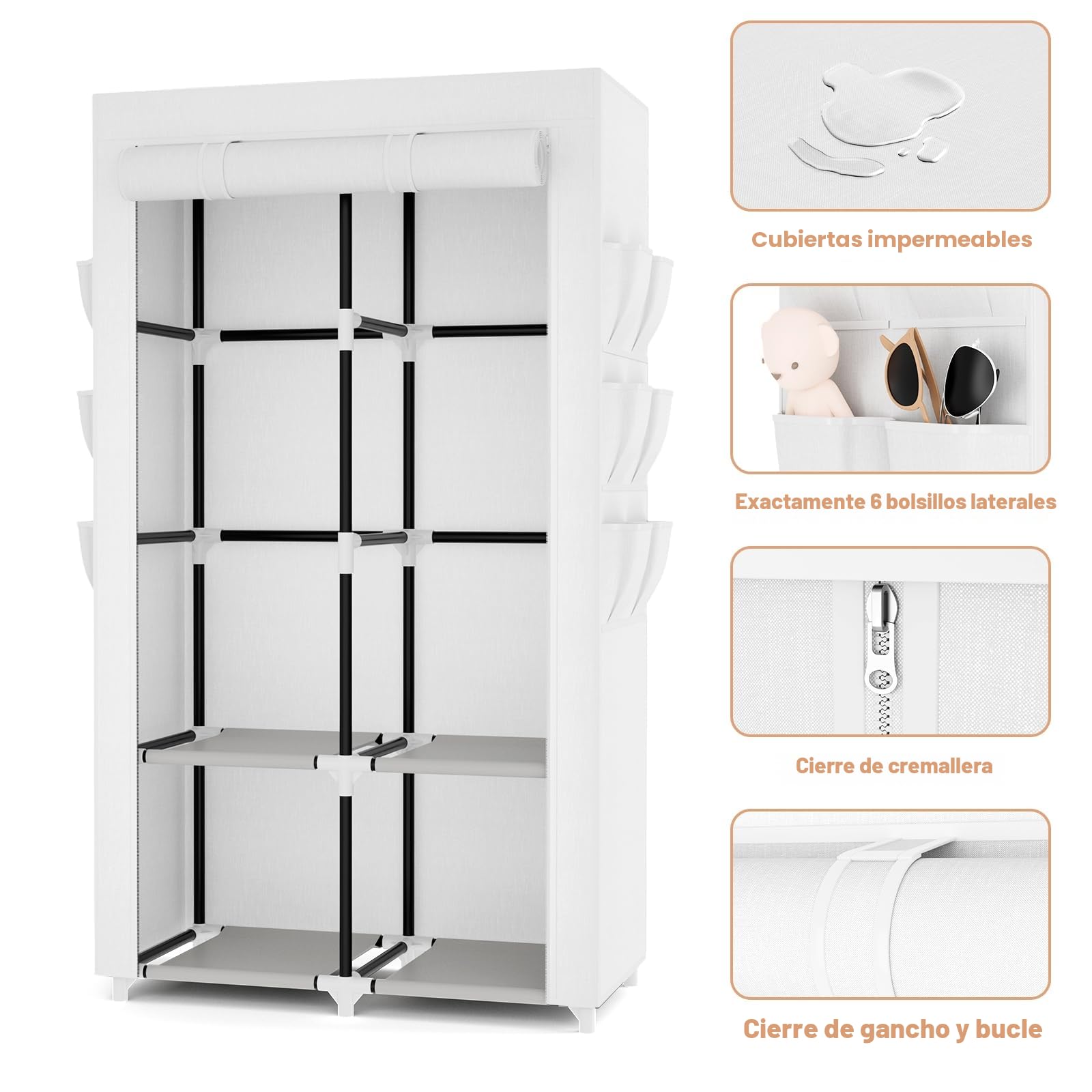 Vicye Armario De Tela, Ropero Portátil para Ropa con 2 Barras Colgantes, 4 Estantes Y 6 Bolsillos Laterales, Armario Portatil Ideal para Dormitorio, Vestidor, Salón, Blanco (90 x 45.5 x 172 cm)