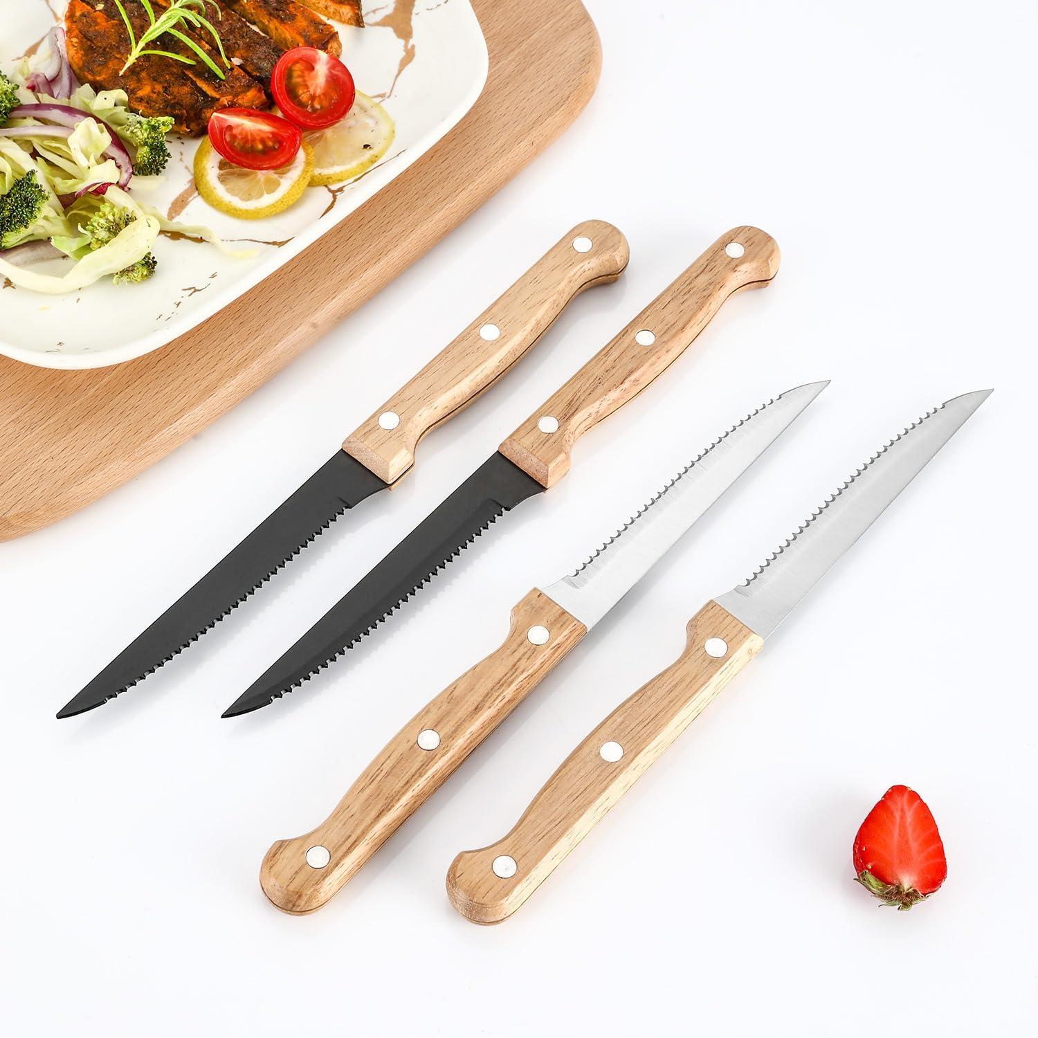 Silverware Flatware Cutlery Set, 1/4/6/8/10/12 Pieces Stainless Steel Steak Knives With Wooden Handles Hotel Steak Knives Serrated Steak Knives(Silver,12 Pieces)