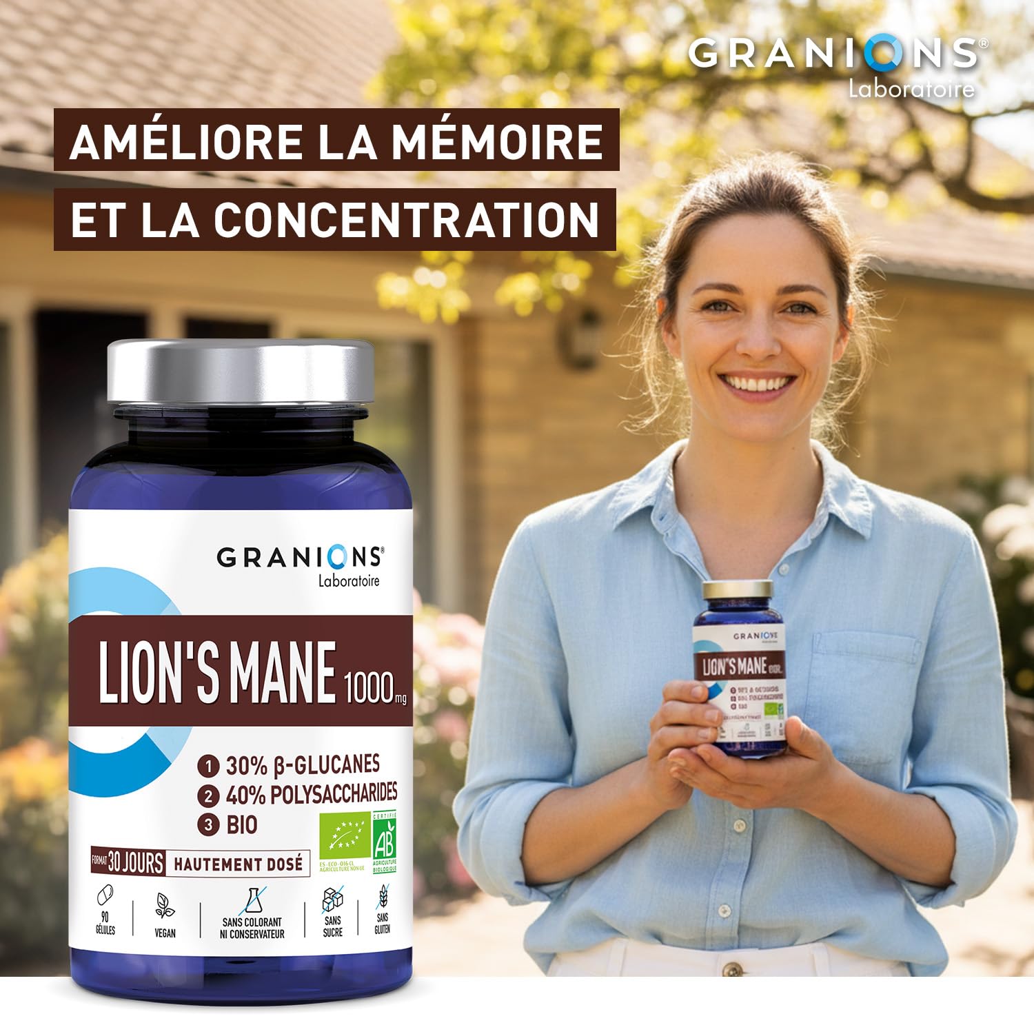 GRANIONS Lions Mane 10 000mg - Lions Mane Champignon Adaptogene Bio - Concentration - Focus - Lion's Mane - Champignons Vegan - 90 Gelules