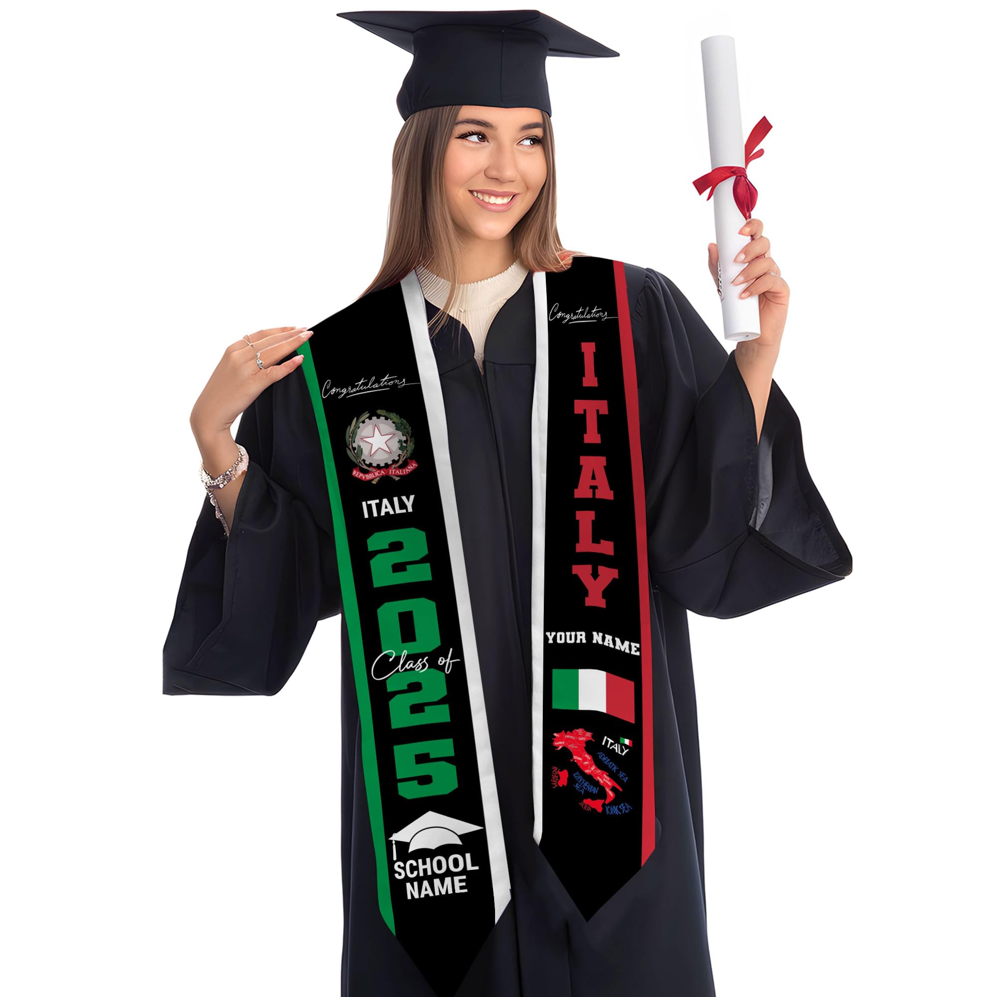MonkeyVan Personalized Italy Flag Graduation Stole Sash 2025, Italians American Flag Graduation Sash For International Student Itl 8