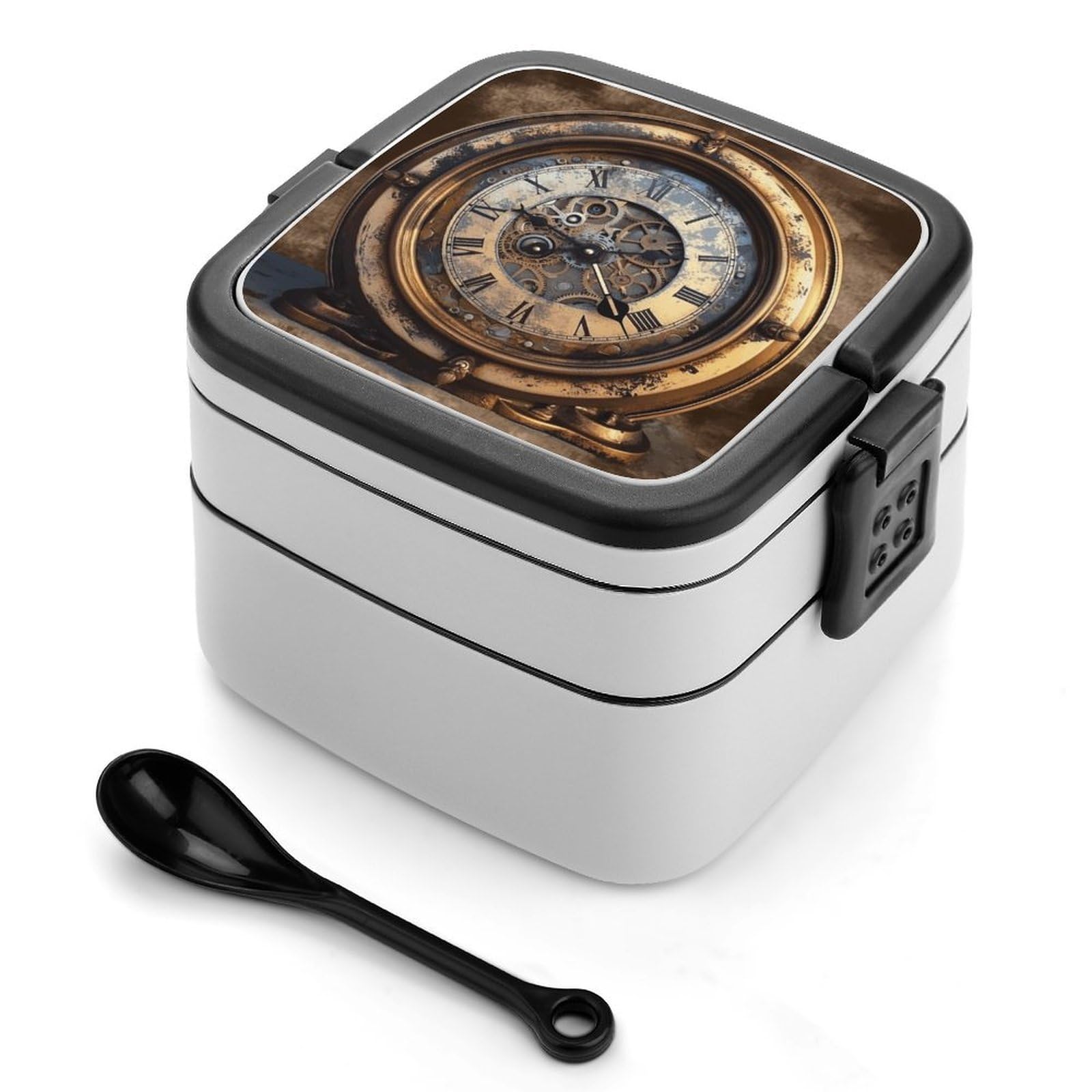 VstaDank Steampunk Clock Bento Box with Compartments Portable Lunch Containers with Spoon Leak Proof Bento Lunch Box Snap-On Design Double-Layer Insulated Lunch Boxes for Work Camping