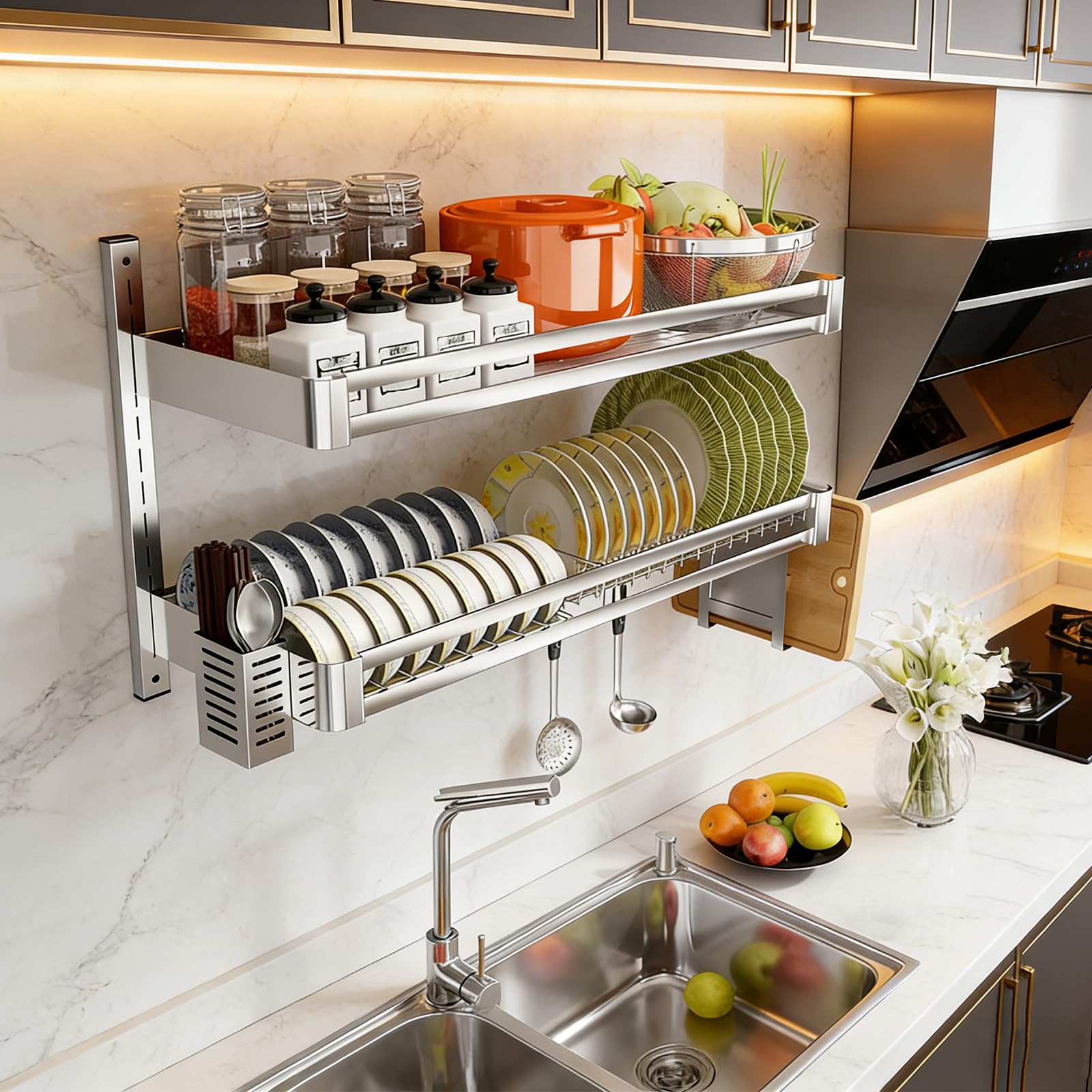 Escurridor de Platos de Pared, escurridor de Platos Colgante de 2 Niveles, Soporte para Cubiertos de Acero Inoxidable de Altura Ajustable para Platos, Cuencos, Cuchillos, Palillos y Tablas d