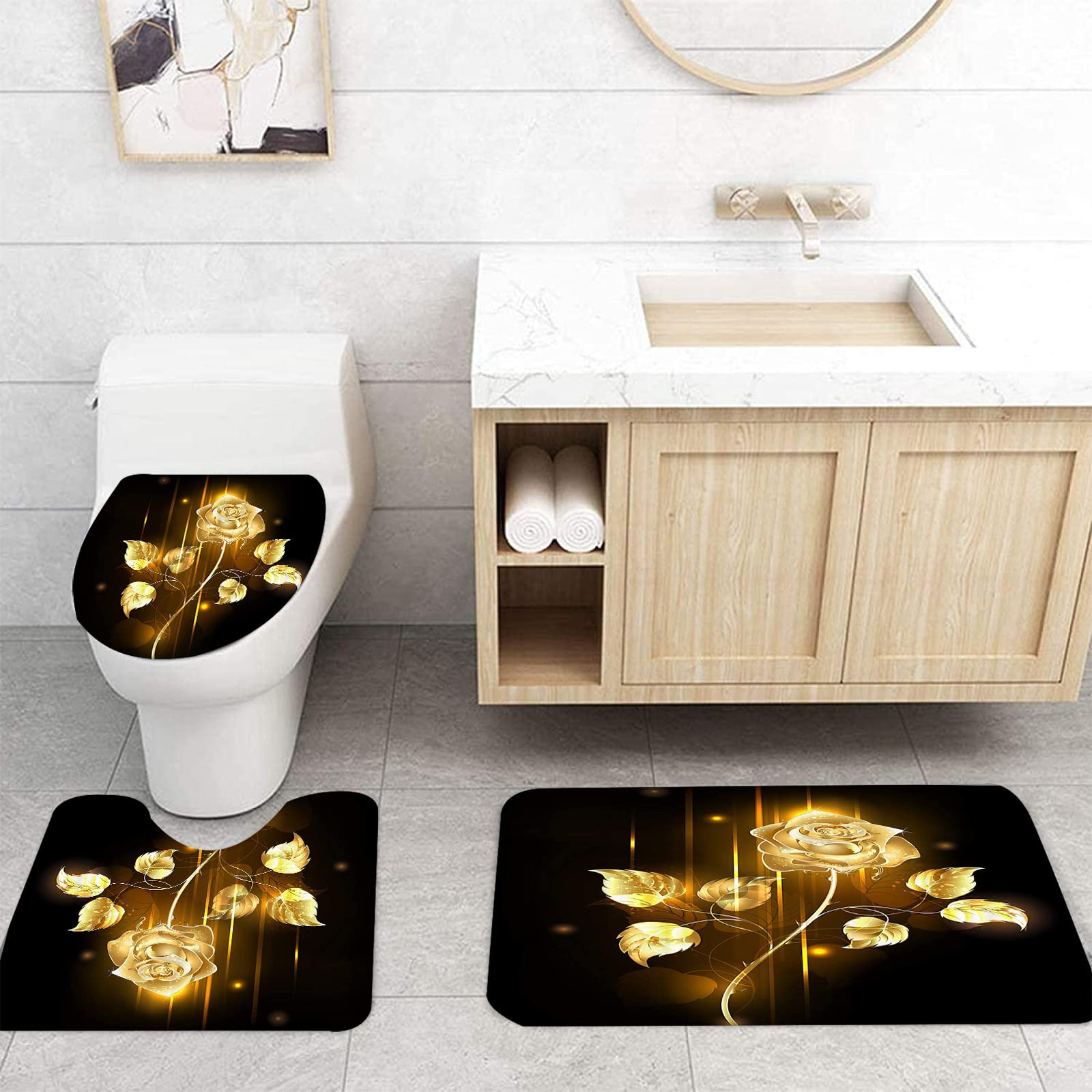 NEWSUYAA 4 Piece Black Shower Curtain with Bath Mats Bathroom Accessory SetS,Gold Rose Flower Fabric Bath Decor with Floral Waterproof Bathtub Curtains Bath Rugs and Toilet Seat Cover Hooks (Black) - Image 3
