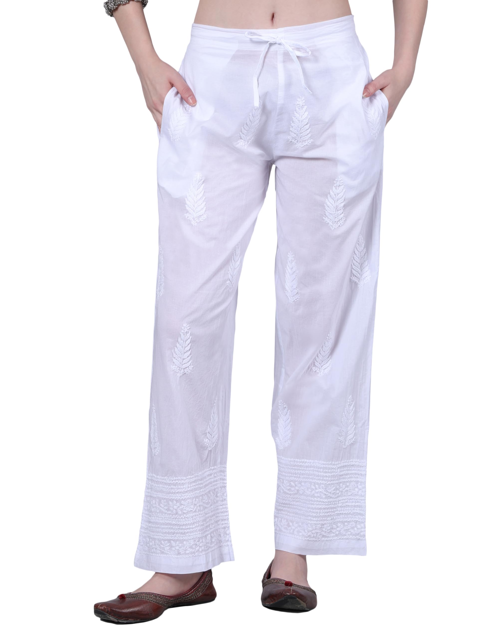 seva chikan Hand Embroidered Lucknowi Chikankari White Cotton Palazzo Pant for Women SCL11035-picture-51