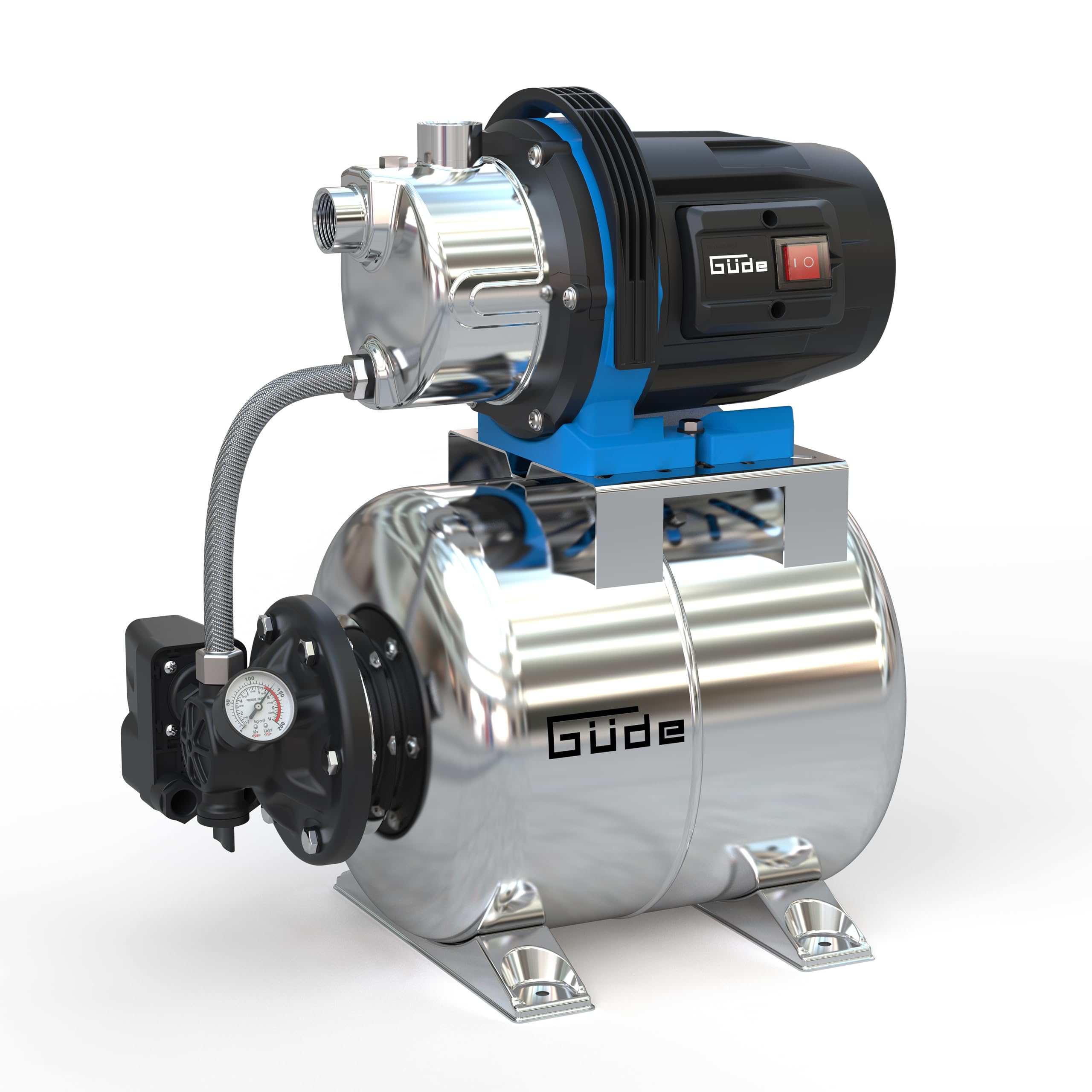 Güde Station d'eau domestique HWW 1000 ES (1000 W, capacité de la chaudière 20 l, volume de refoulement 3800 l/h, hauteur de refoulement 44 m max., hauteur d'aspiration 7 m, roue norylle, réservoir en