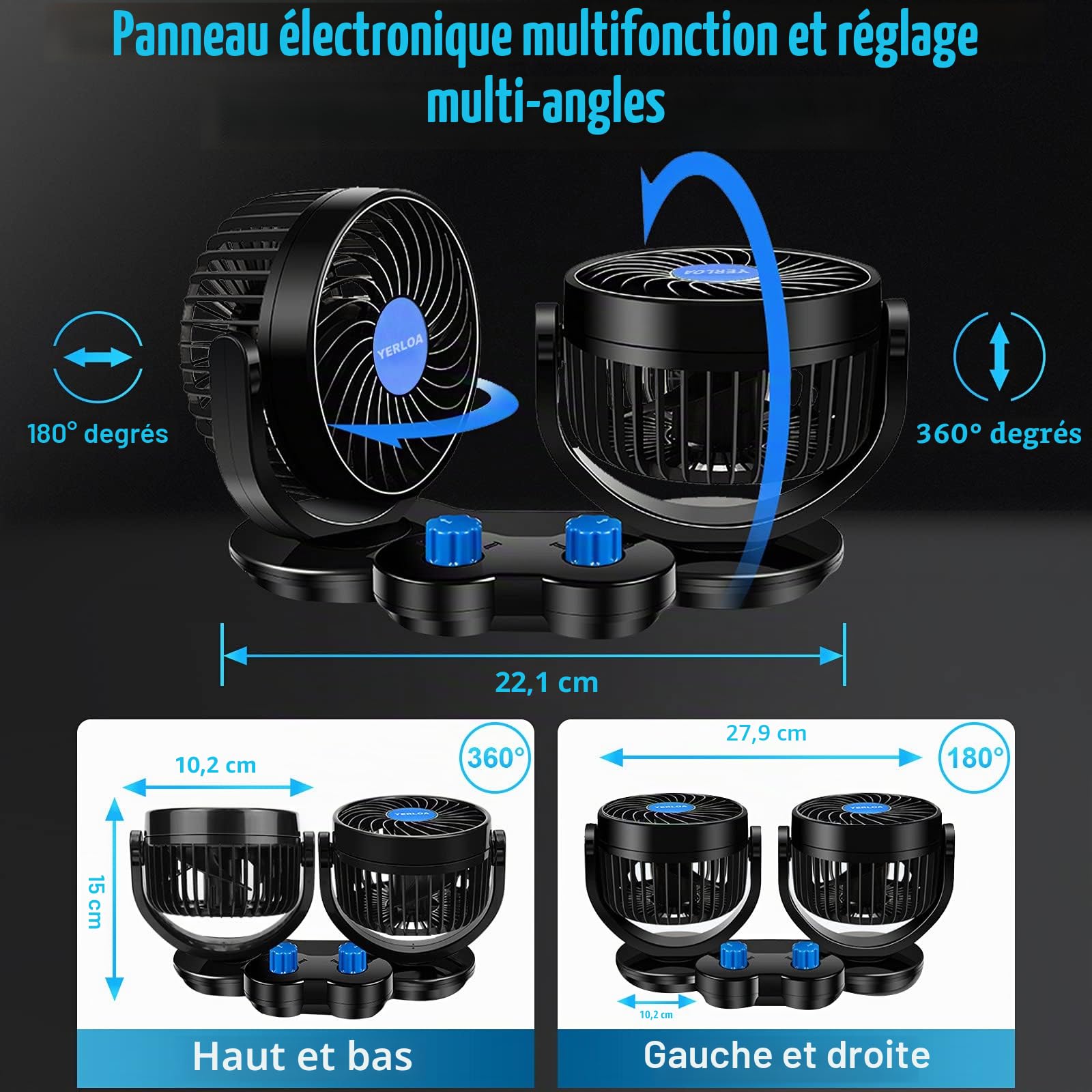 Yerloa Ventilateur Voiture 12V, Ventilateur Voiture de Voiture électrique avec Double tête Réglable à 360 Degrés, Ventilateurs de Refroidissement Silencieux pour SUV, Véhicules 2025 Nouveau