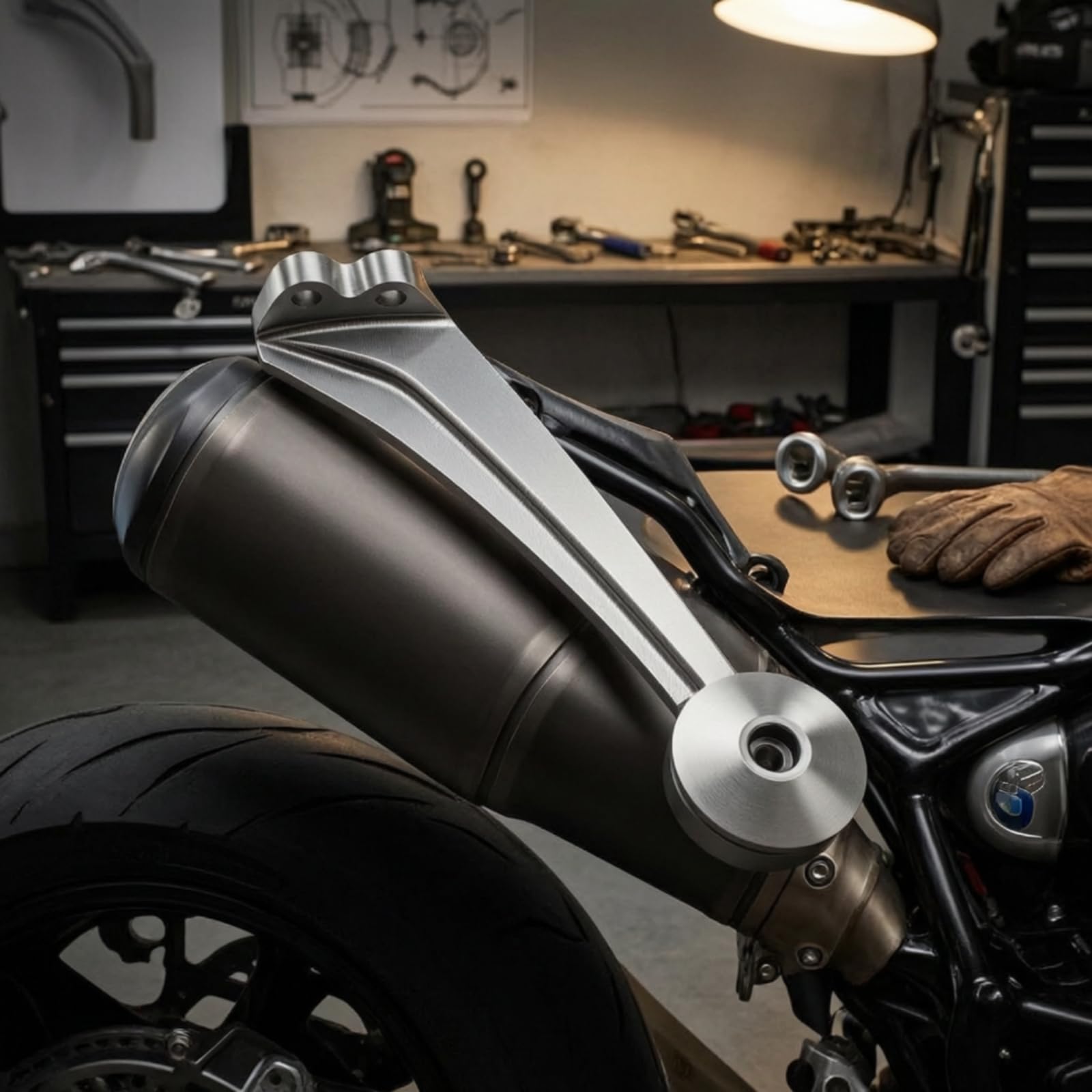 Motorrad Auspuffhalterung Auspuffhalter Halter Bracket Befestigung aus Aluminiumlegierung Lange Geschwungene Armform mit Rundpad Kompatibel mit R9T, Silber