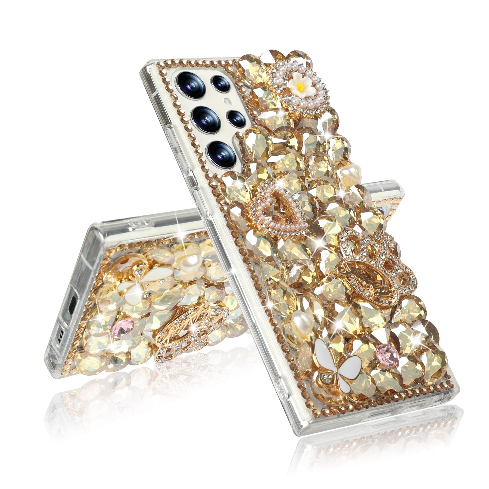 Losin for Galaxy S23 Ultra Bling Case Women Girls Luxury 3D Glitter Diamond Sparkle Crystal Rhinestone Phone Case Cute 3D Heart Crown Flower and