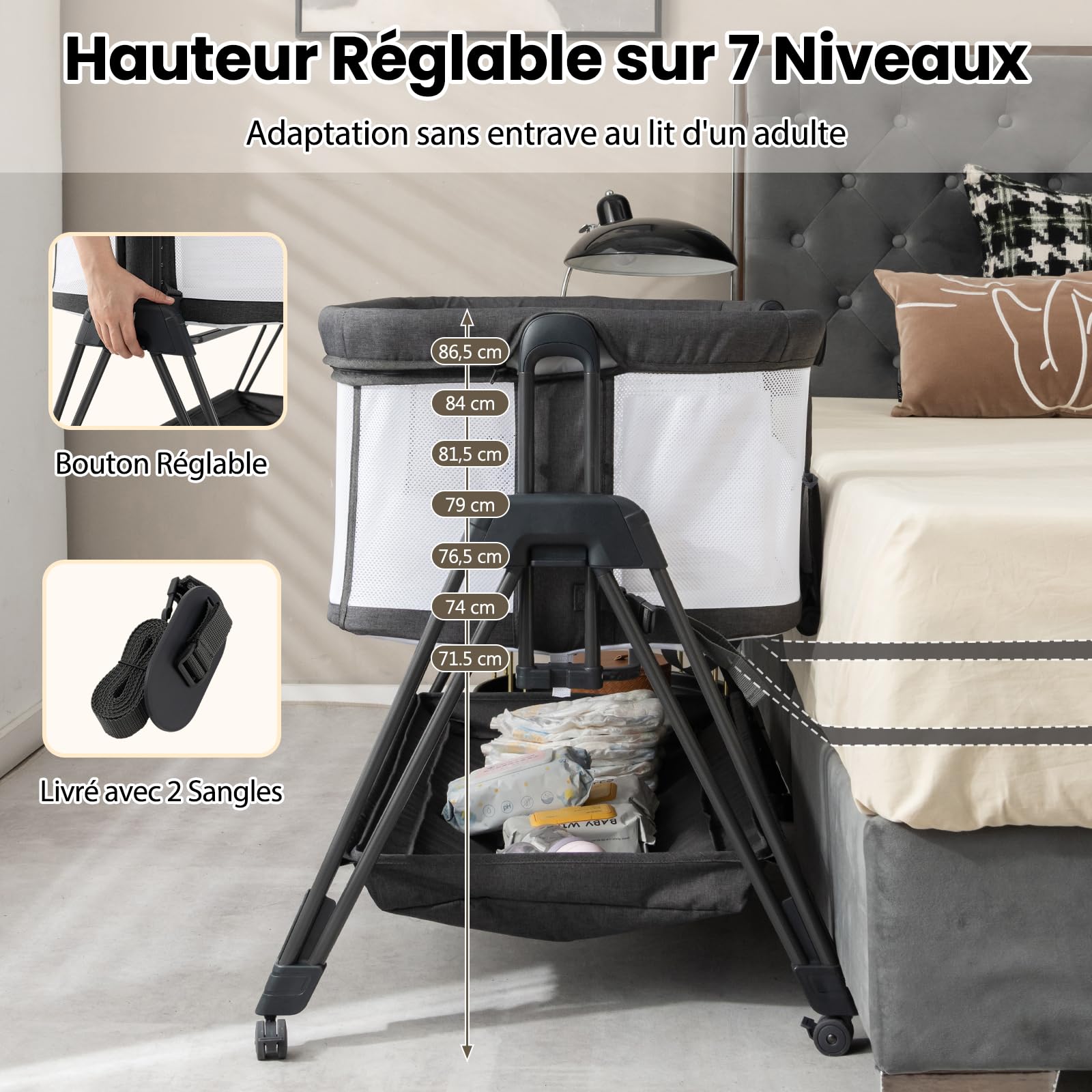 DREAMADE Lit Cododo Pliable Bébé 0-6 Mois avec Matelas Berceau Nouveau-Nés Portable avec Hauteur Réglable,Roues Universelles Lit Parapluie avec Fenêtre en Maille,Corde Fix,Charge 9+2KG (Gris Foncé)