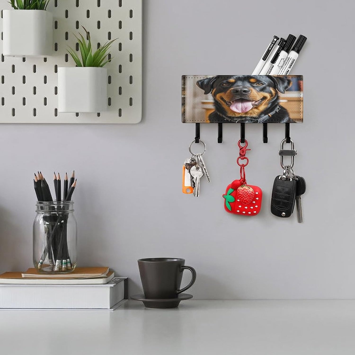 Key Holder Wall Mount Key Hanger with 5 Hooks, Decorative Key Rack | Rottweiler Dogs Tongue Head Hanging Key Hooks with Mail Organizer for Wall Living Room Kitchen Bathroom Hallway