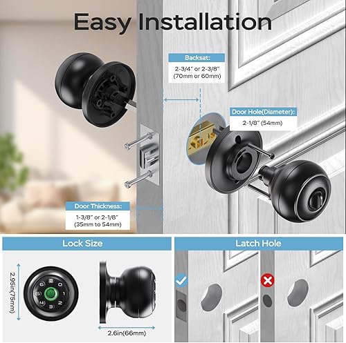 Miniatura 9 de GeekTale Cerradura de puerta de huellas dactilares para dormitorios, perilla de puerta de huellas dactilares con cerradura, cerradura de puerta