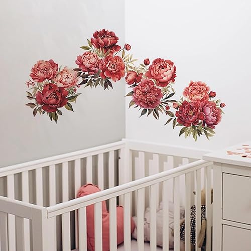 Miniatura 4 de Calcomanías de pared de rosas de peonía roja, sacinora romántica acuarela, arte floral botánico, calcomanías de pared extraíbles de vinilo para