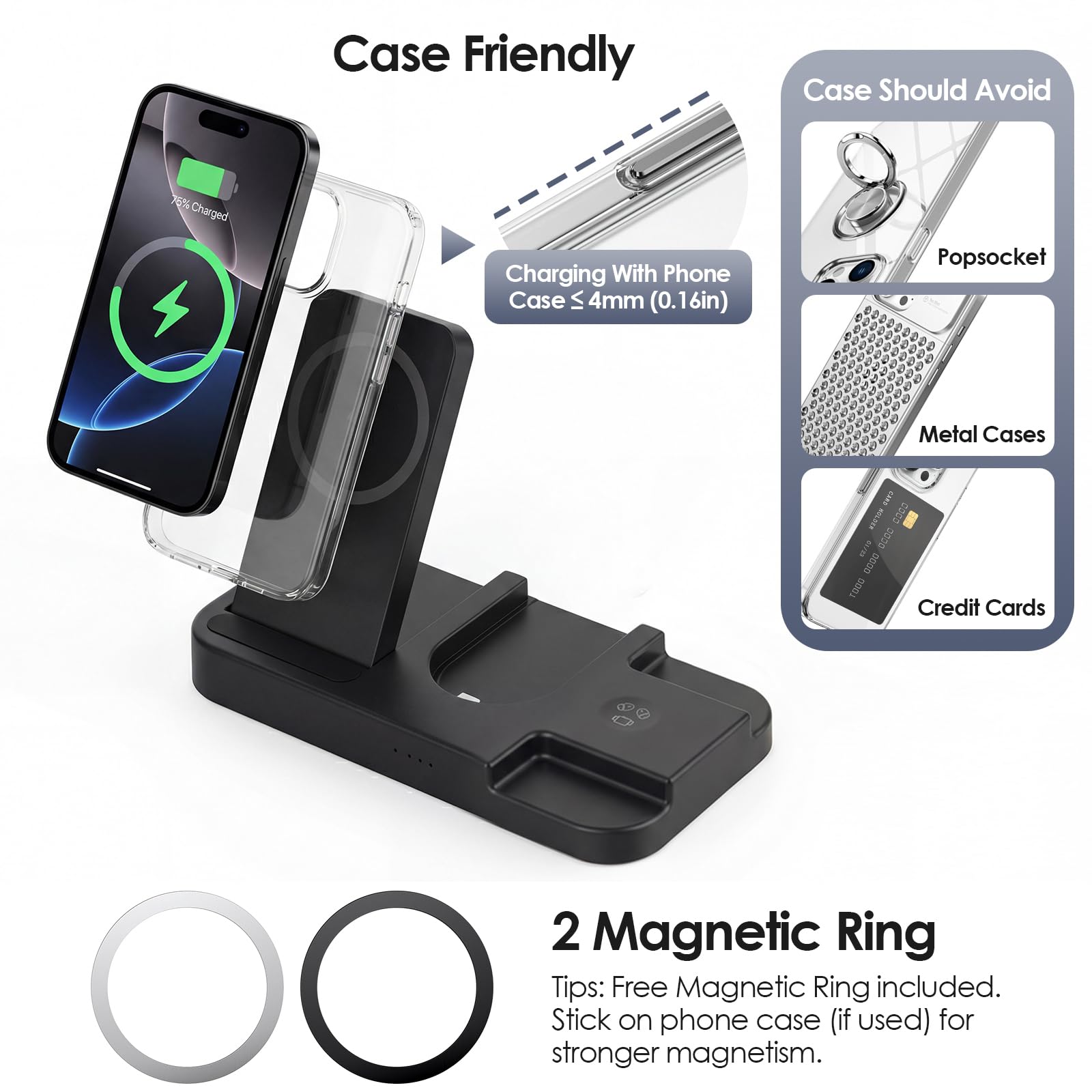 Estación de carga 4 en 1 para cargador Oura Ring Gen 3 (cargador de anillo Oura no incluido), cargador rápido de 15 W para iPhone, Apple Watch, AirPods, cargador magnético inalámbrico para