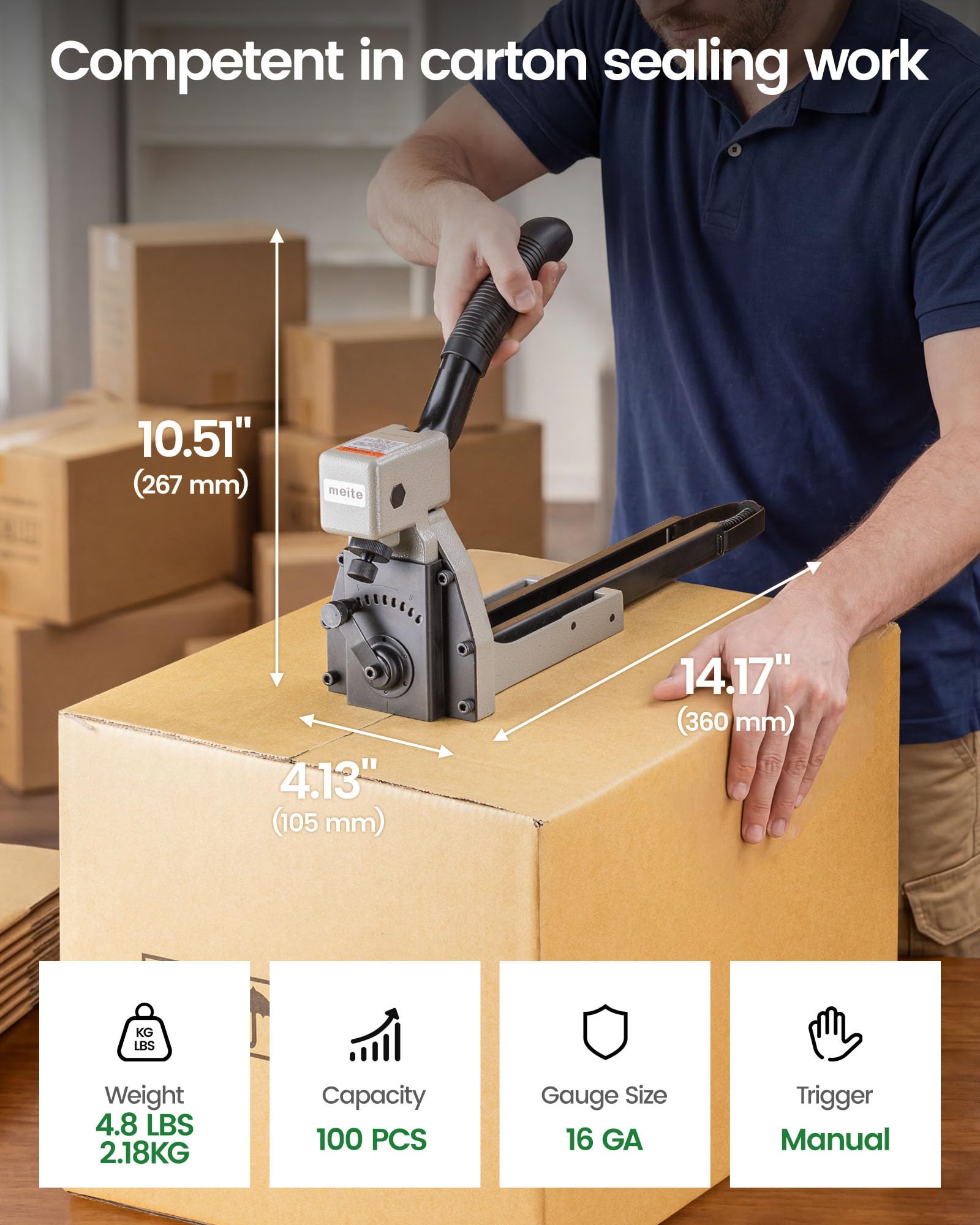 meite HB3515 Manueller Kartonhefter 16Ga mit 2.000 Klammern | 34,7 mm Rückenbreite, 15 mm Schenkellänge, Karton Verschlusshefter für Kartonverschluss und Wellpappkartons