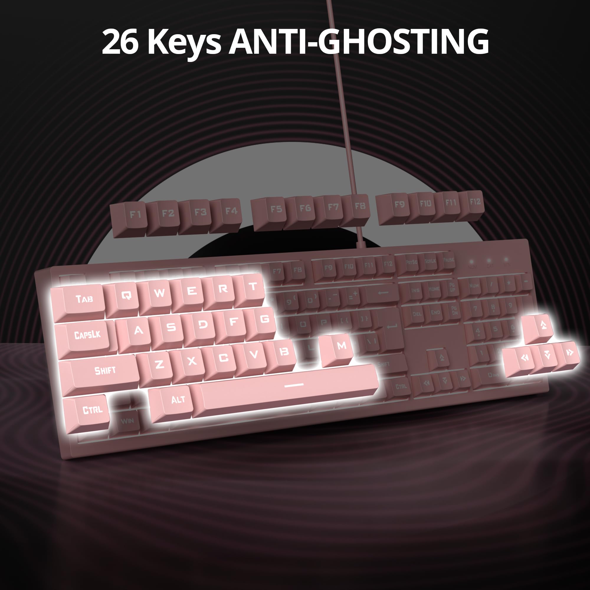 Tastiera da gioco con 104 tasti, retroilluminata a LED, tastiera con cavo, tastiera meccanica a doppio scatto, tastiera a membrana per PC e laptop (104 rosa)