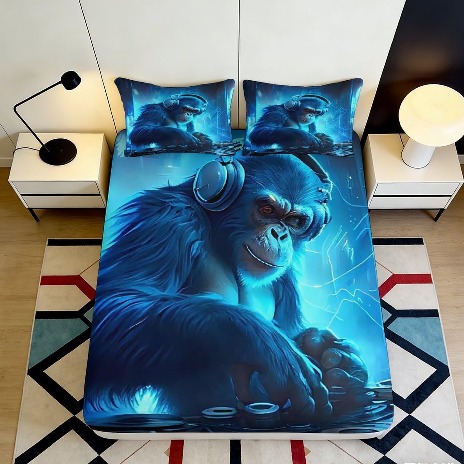 3D Printed Blue Gorilla Fitted Sheet Microfiber Bedroom Decor Urban Headphones Mattress Cover for Home Dorm 90x200x25cm