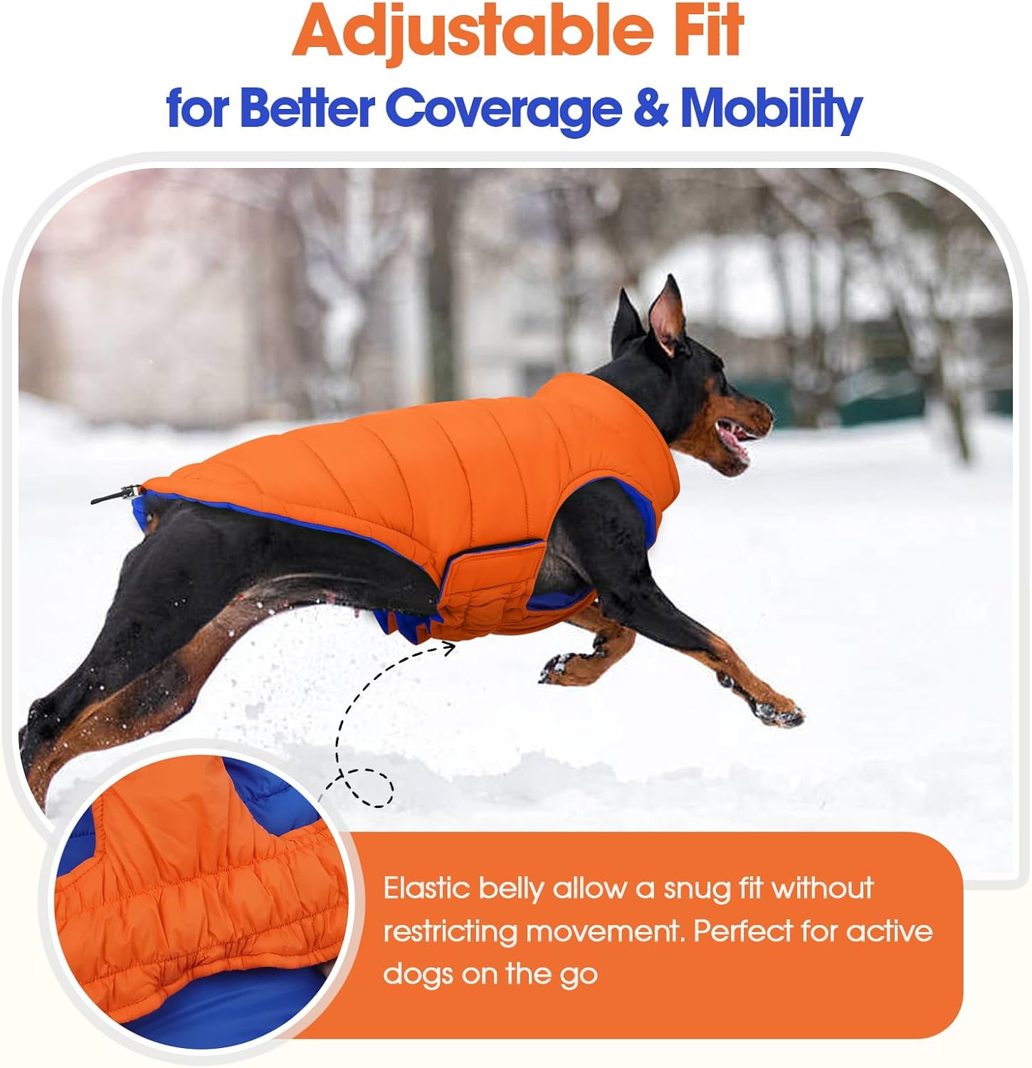 QBLEEV Reversible Dog Coat for Medium Dogs, Waterproof Windproof Winter Jacket Keeps Dogs Warm in Snow, Adjustable Hook & Loop Lightweight Dog Puffer Vest, Orange, L – Fits French Bulldog