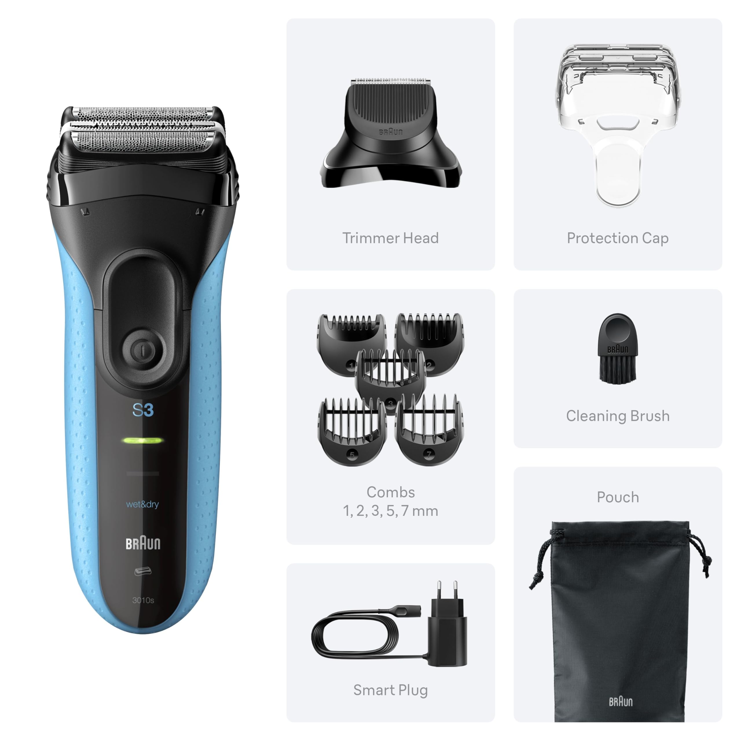 Braun Series 3+ Electric Shaver, 3 Flexible Blades, Wet & Dry Razor for Men with Beard Trimmer Attachment, +5 Combs, Efficiency MicroComb, Made in Germany, Includes Rechargeable Battery, 3010BT, Blue — view 6