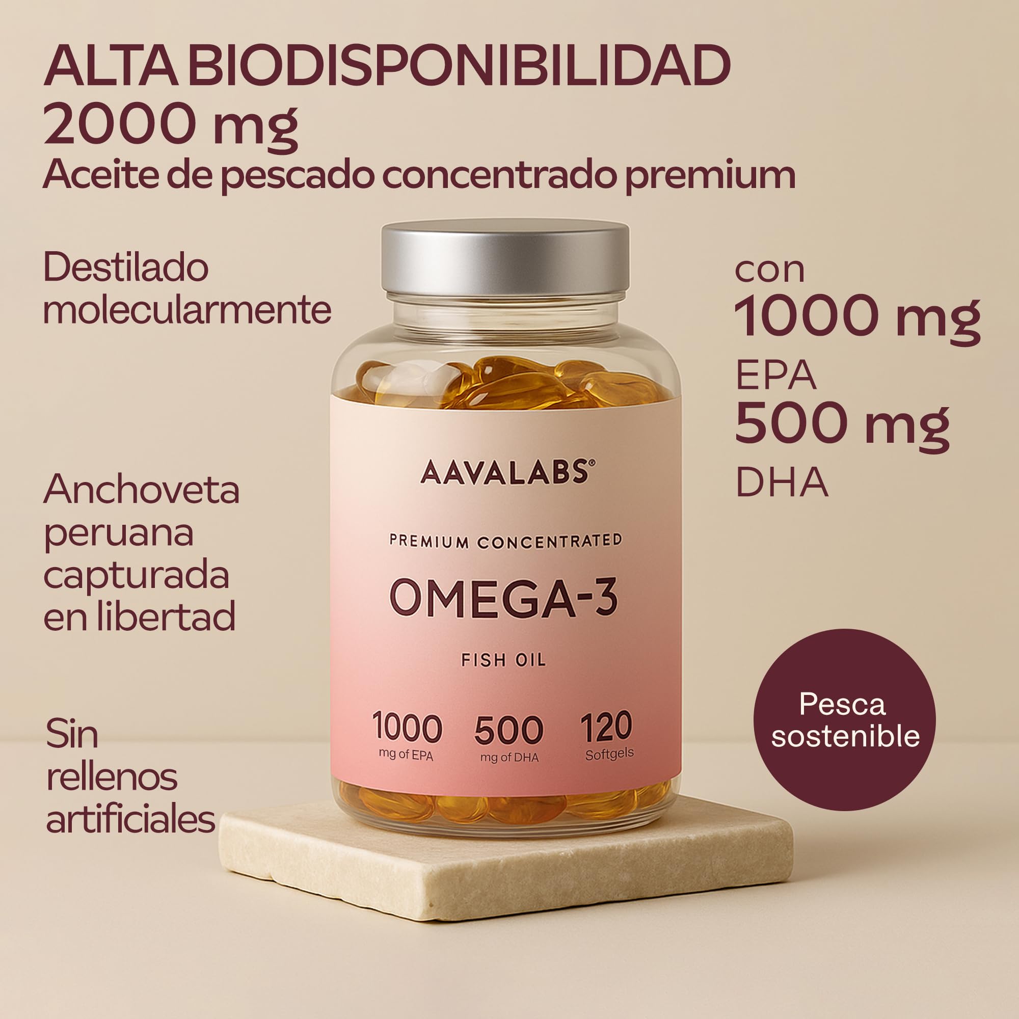 Aavalabs Omega 3 2000mg por dosis diaria (2 cápsulas) - 1000mg de EPA + 500mg de DHA por dosis diaria - Ácidos Grasos de Alta Potencia - Destilado Molecularmente - 120 Cápsulas - 60 días de suministro