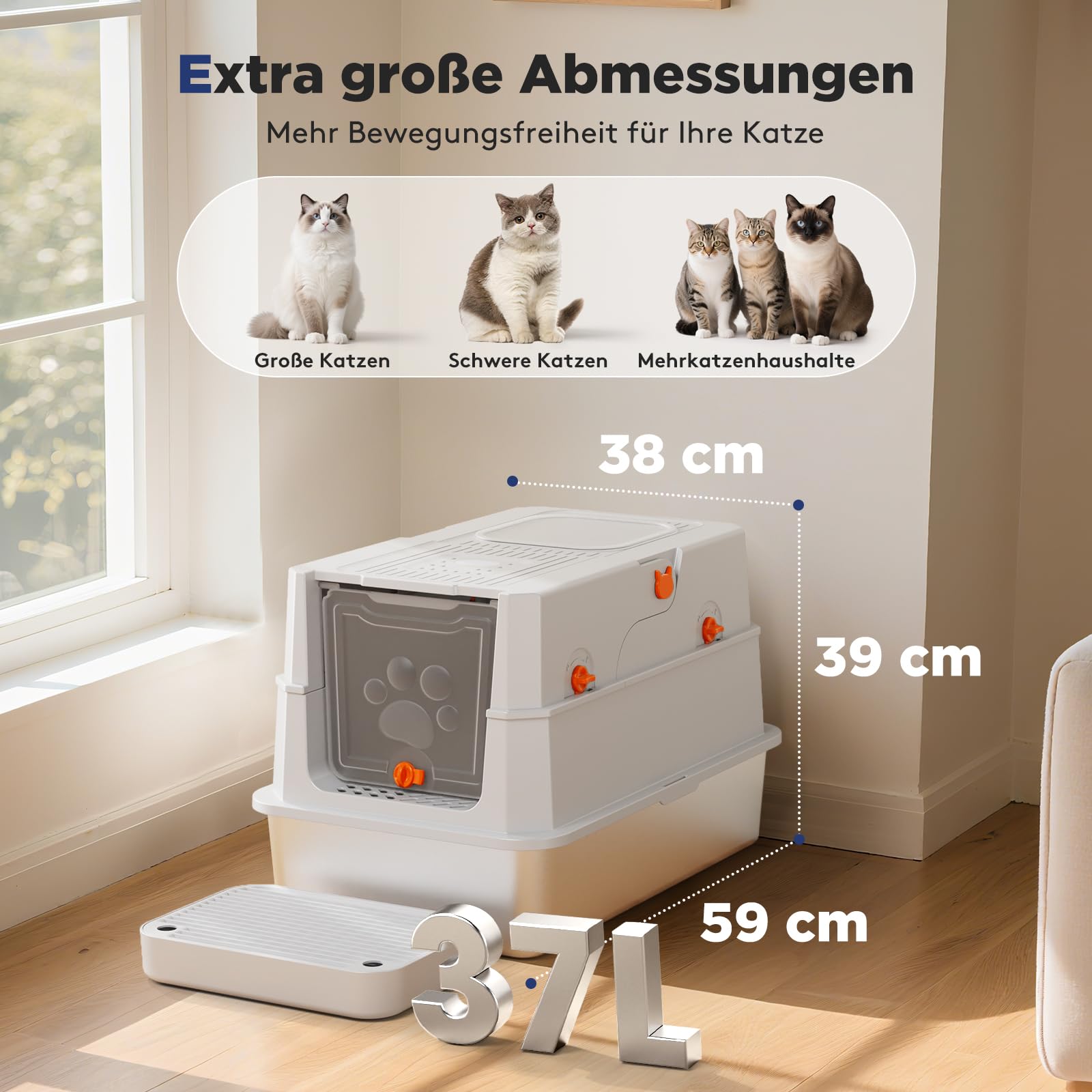 MIXJOY Edelstahl Katzenklo XXL mit Deckel, Katzentoilette Edelstahl Zwei-Tür-Konfiguration, Geschlossenes Katzenklo mit Schaufel, Leicht zu Reinigen, Geeignet für große/mehrere Katzen, 59x38x39cm