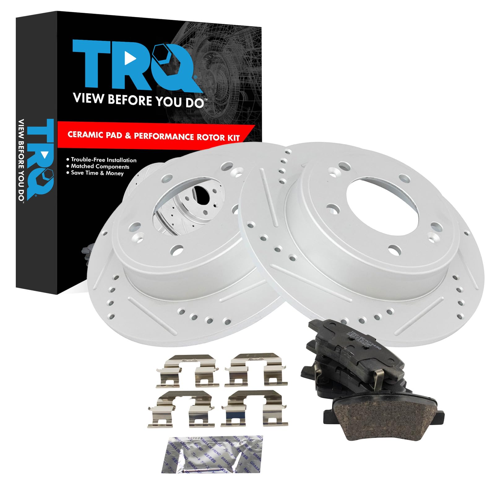 TRQ Performance Rear Brake Pad and Rotor Set Ceramic G Coated Drilled Slotted Rotors Compatible with 2016-2017 Hyundai Veloster 2017-2020 Elantra GT 2017-2018 Kia Forte Forte5 2017-2019 Soul