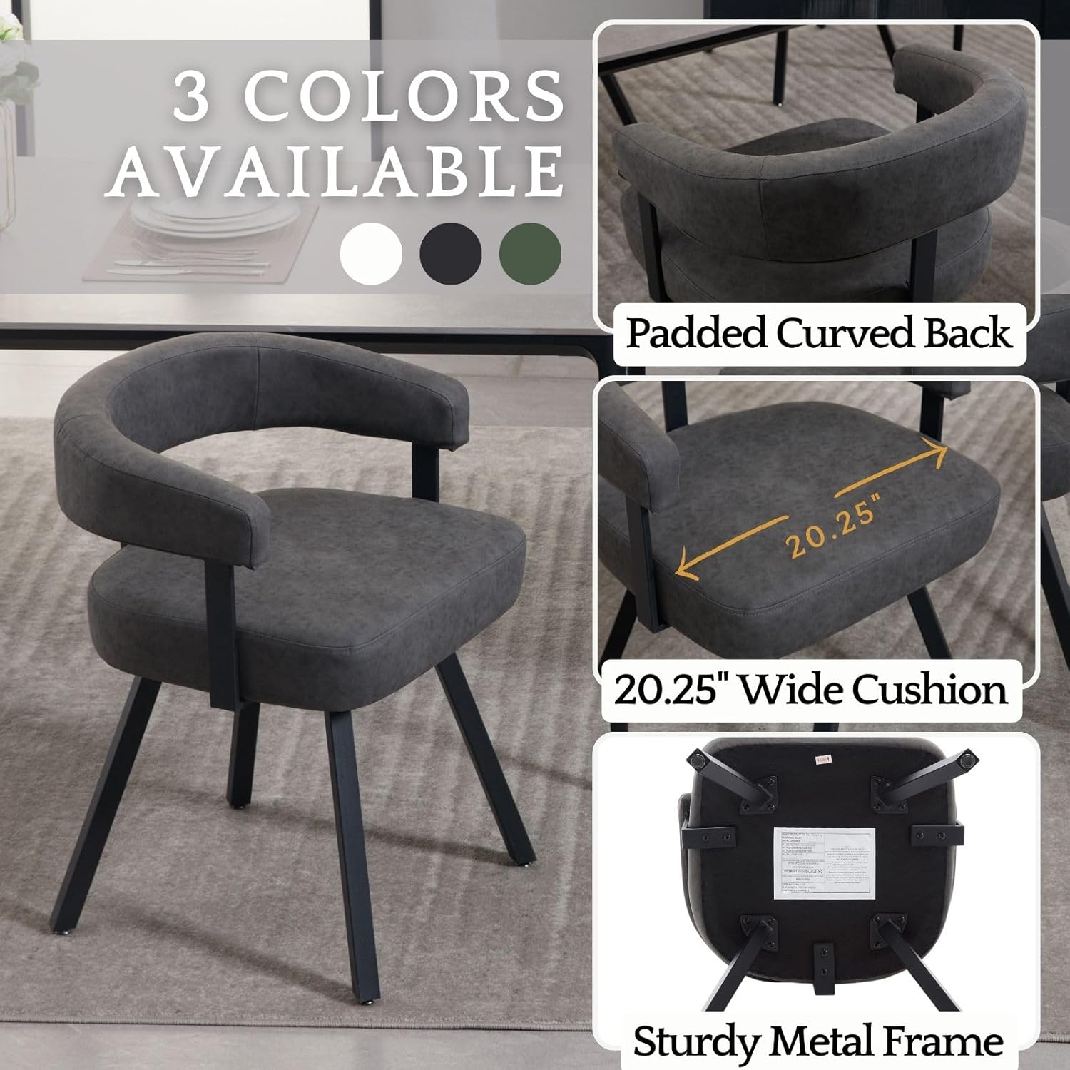 LukeAlon PU Leather Dining Chairs Set of 2, Simple Upholstered Side Chair with Padded Open Barrel Back Modern Guest Chair Home Office Desk Chair with Black Metal Legs for Kitchen Dining Room, Grey