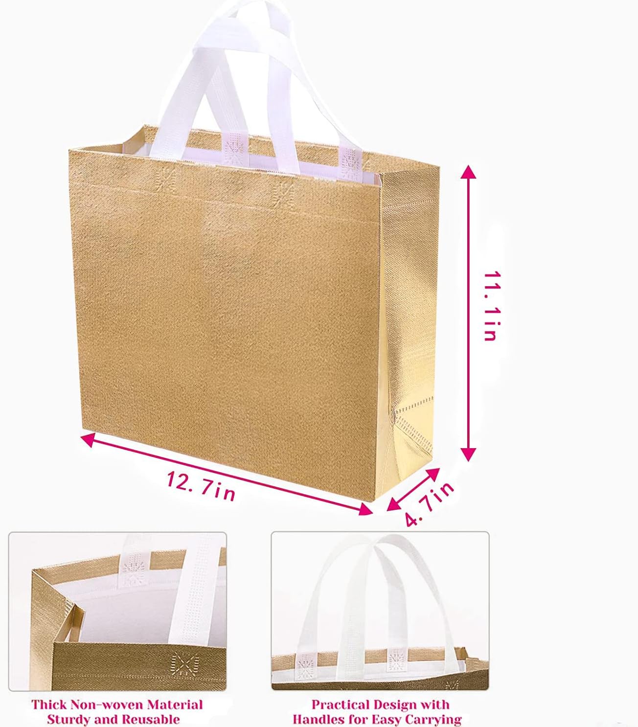 Set of 12 Glossy Reusable Grocery Bags Reusable Bags with Handles Bachelorette Gift Bag Non-Woven Bridesmaid Bag for Women Birthday Wedding Party Mother's Day Christmas Gold - Image 6