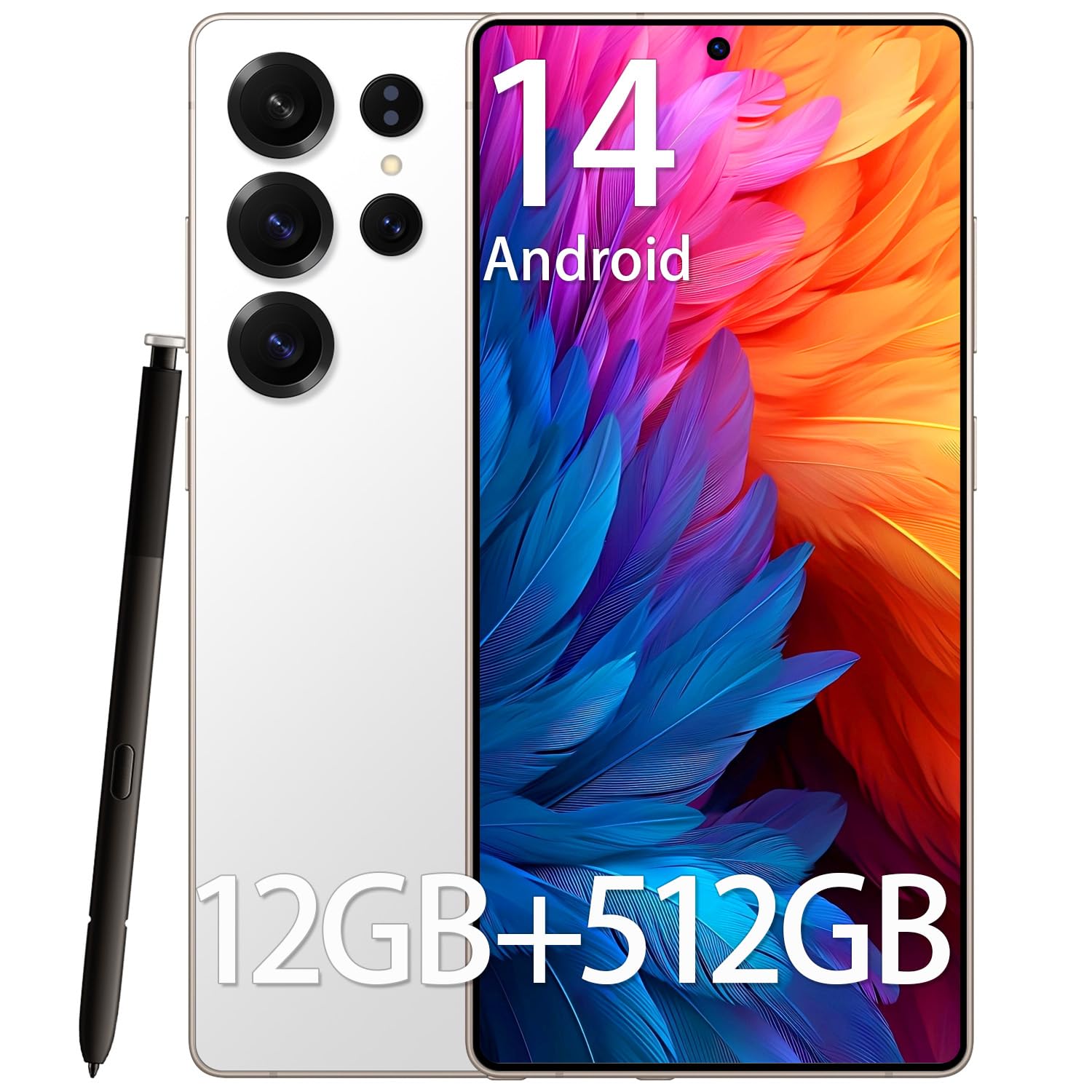 Unlocked Phones F25 Ultra, 12GB + 512GB, 5G Android 14 Phone, 6.9" OLED Display, 108MP+48MP Camera, Large Battery 5000mAh, Built-in Pen, Face ID, GPS, Dual SIM Smartphone (White)