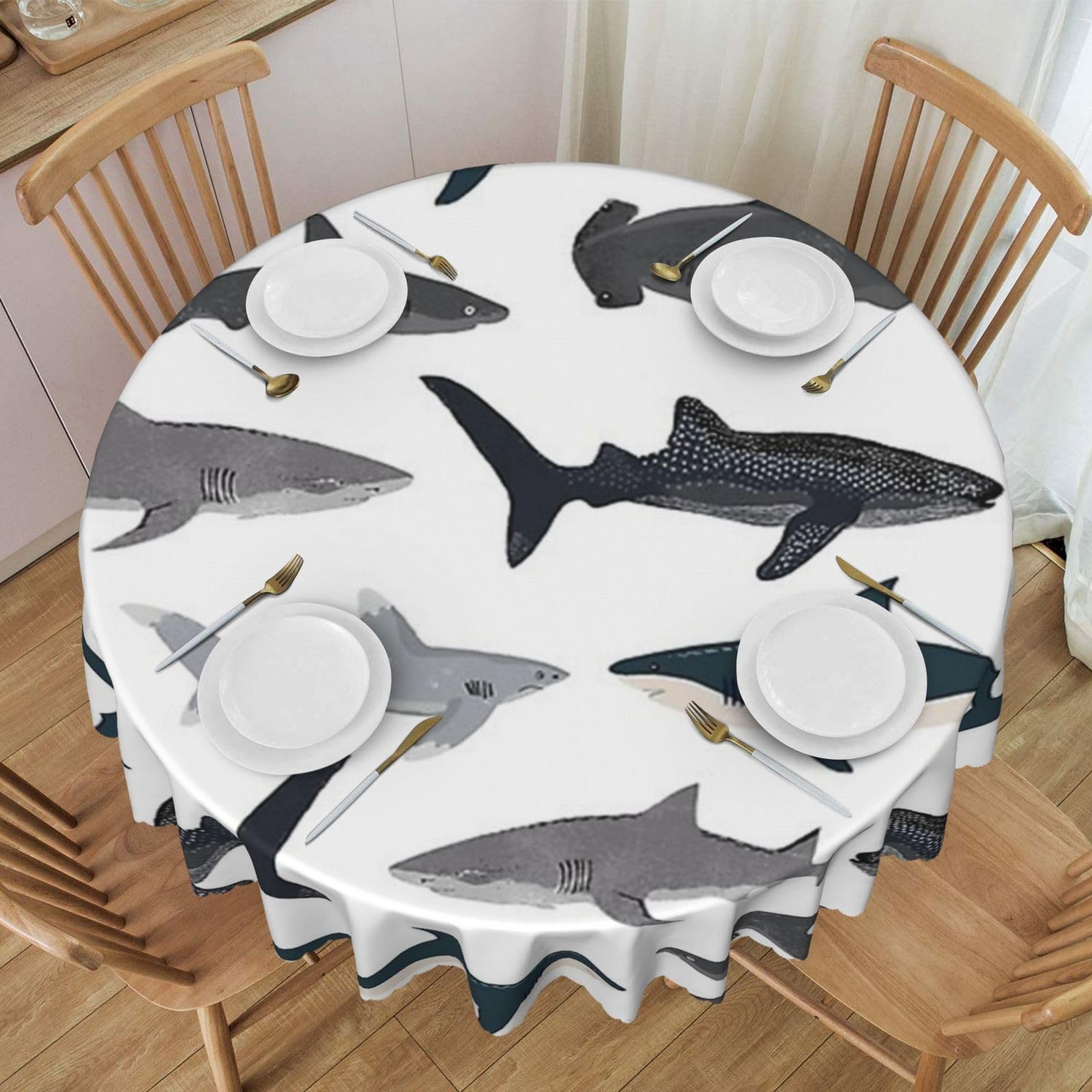 DCEHGEW 60 In Round Tablecloth with Lace, sharks nautical Printed Oilproof & Washable Fabric Picnic Table Cloth Table Covers