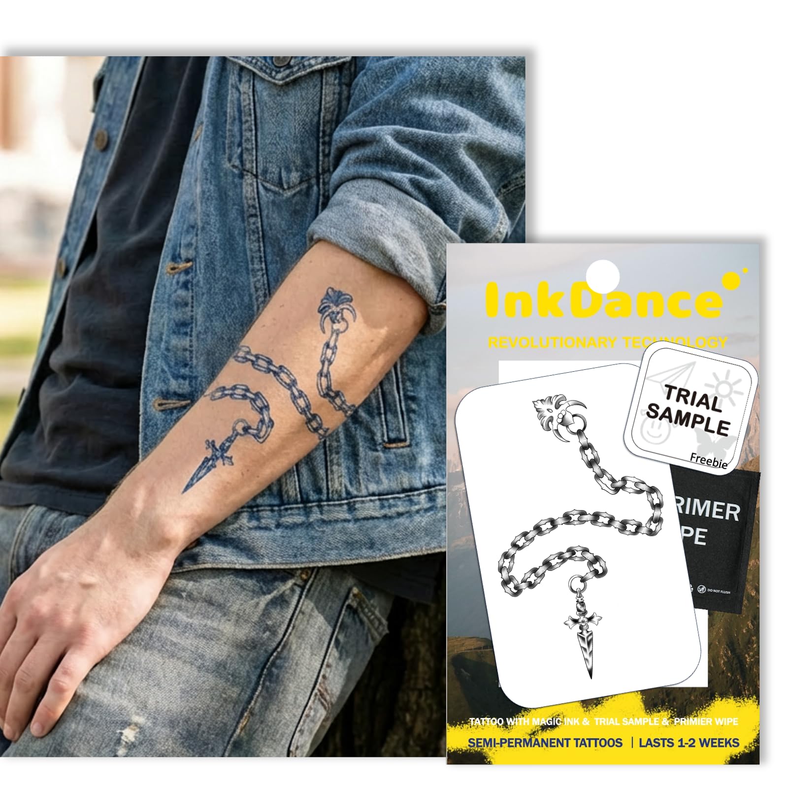 Photo 1 of InkDance "Chrome Judgement" Gothic Chain Dagger Temporary Tattoo