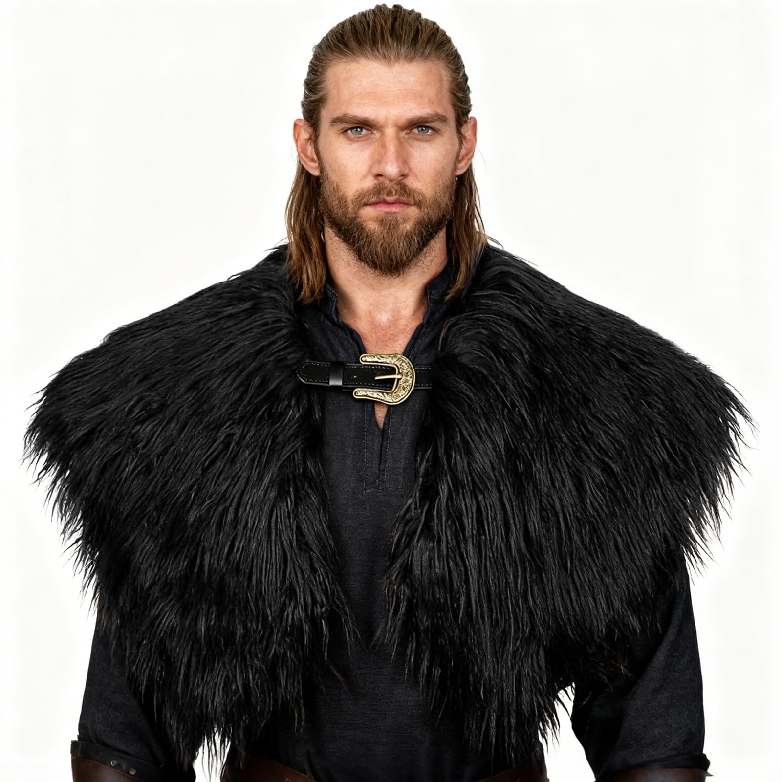 keland Hombres Vikingo Piel de Hombro Collar de Cuello de Piel Sintética Medieval Bufanda Capelet con Cinturón (Y-Negro)