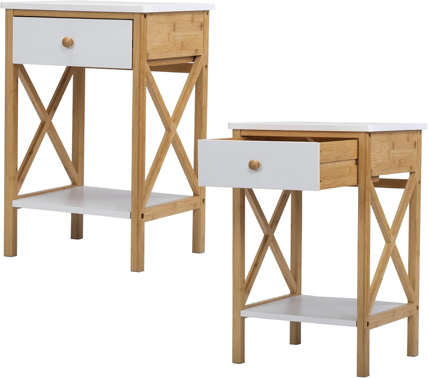 Set of 2 Bamboo Nightstand, Wood End Table with Drawer