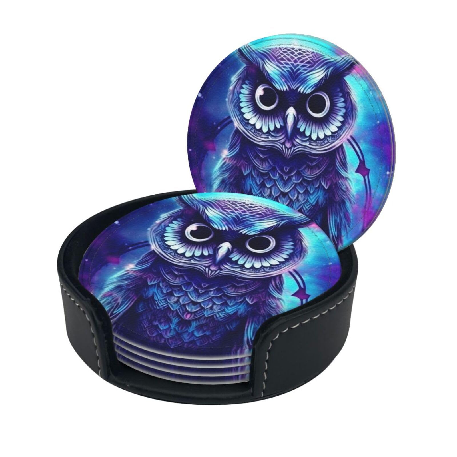 Stylish Coasters - Blue Owl Set of 6 Round Leather Drink Coasters with Holder - Perfect Size for Cups and Glasses